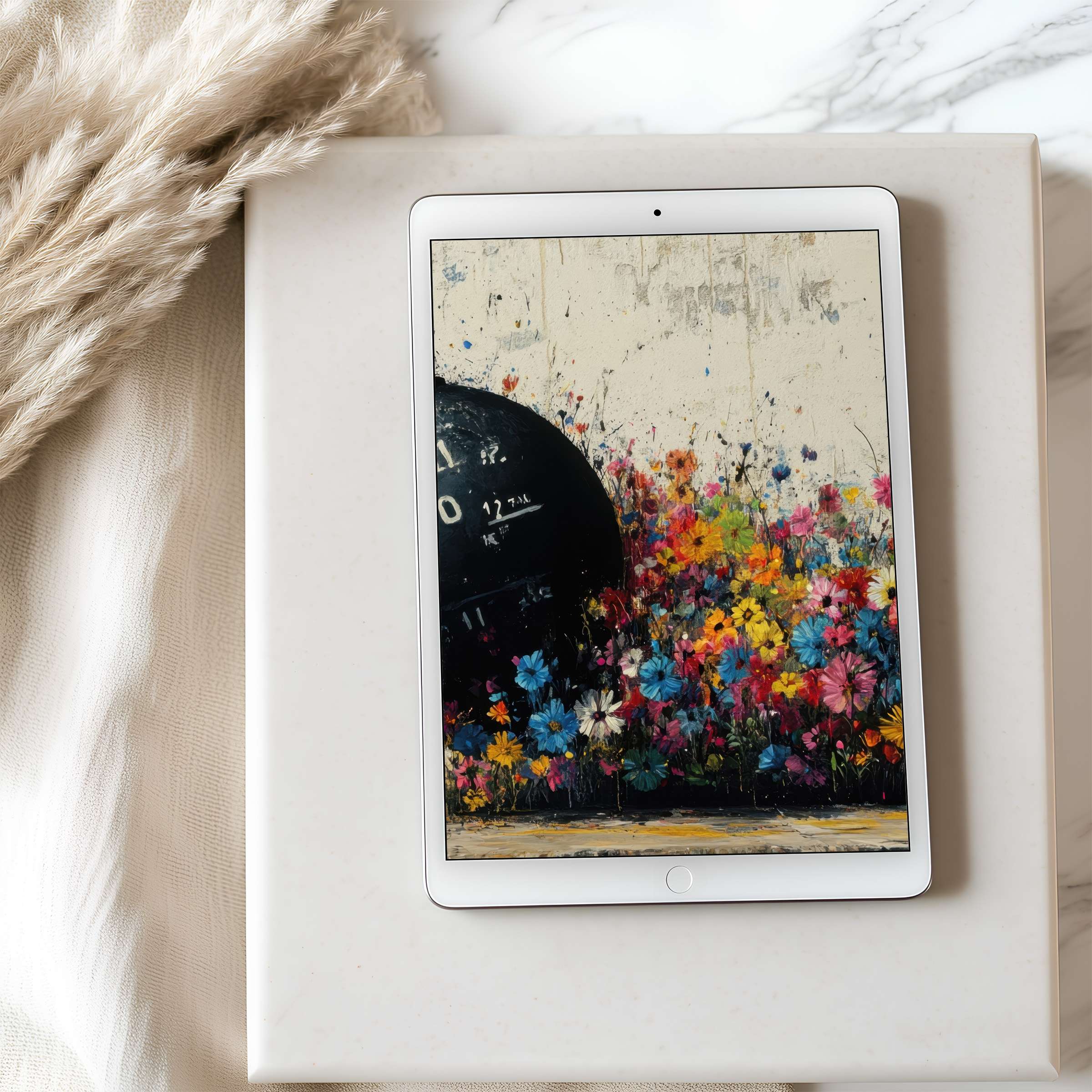 Elegant tablet wallpaper featuring vibrant flower motif and abstract clock in high resolution for iPad or Android tablet download
