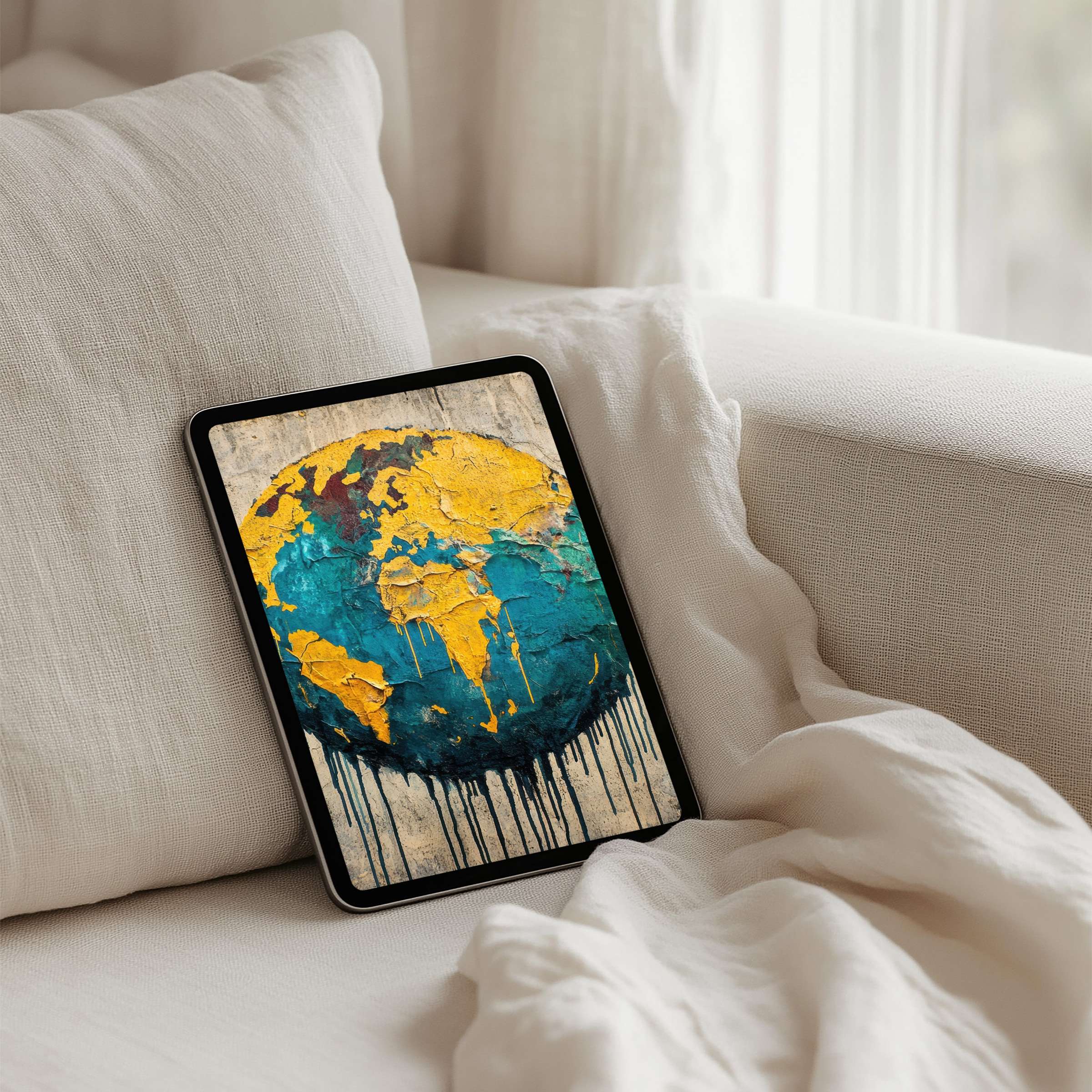 Artistic iPad background featuring a textured earth design in gold and blue tones ideal for instant download on any tablet