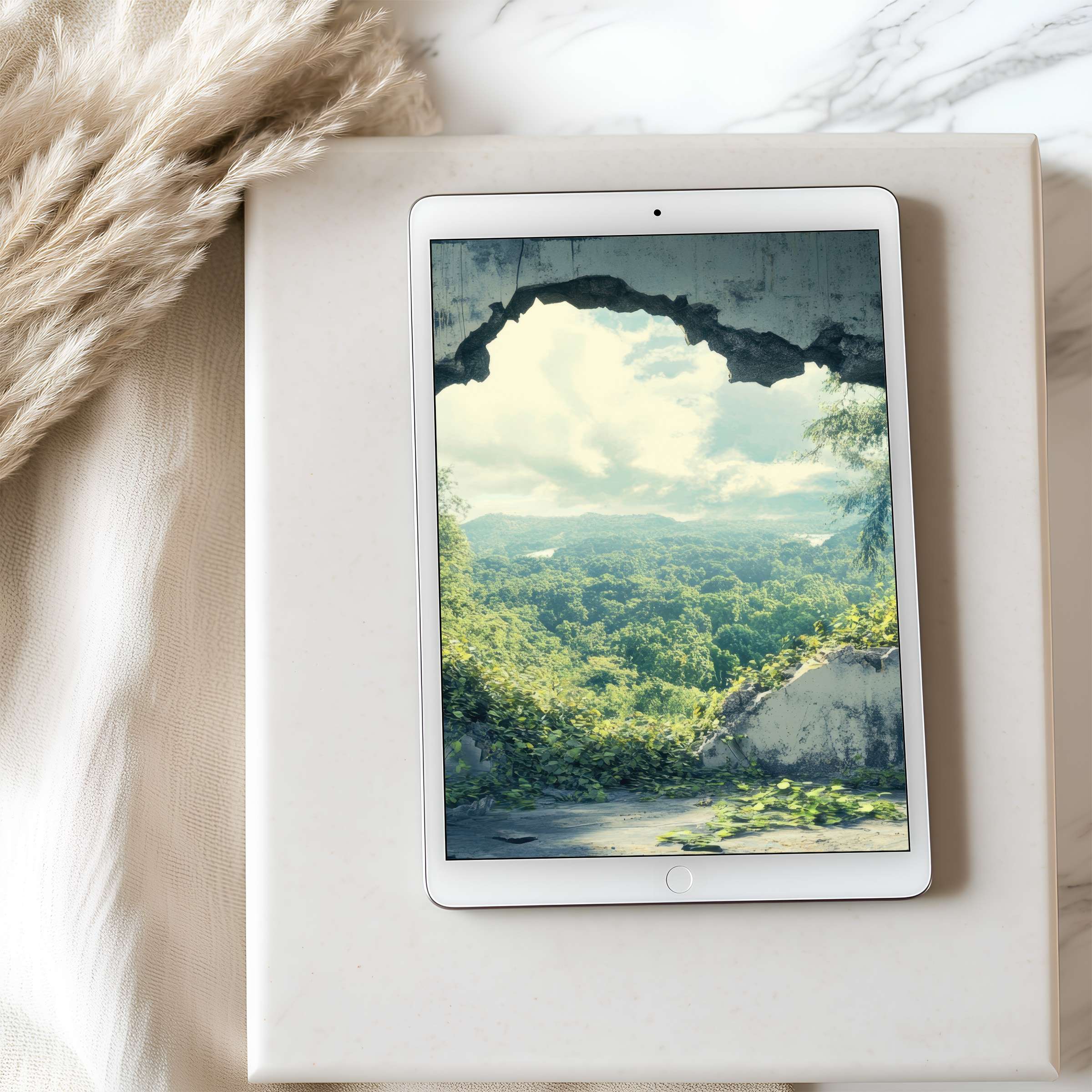 Elegant tablet wallpaper featuring a serene forest view through a stone archway, perfect for iPad and Android, high resolution download