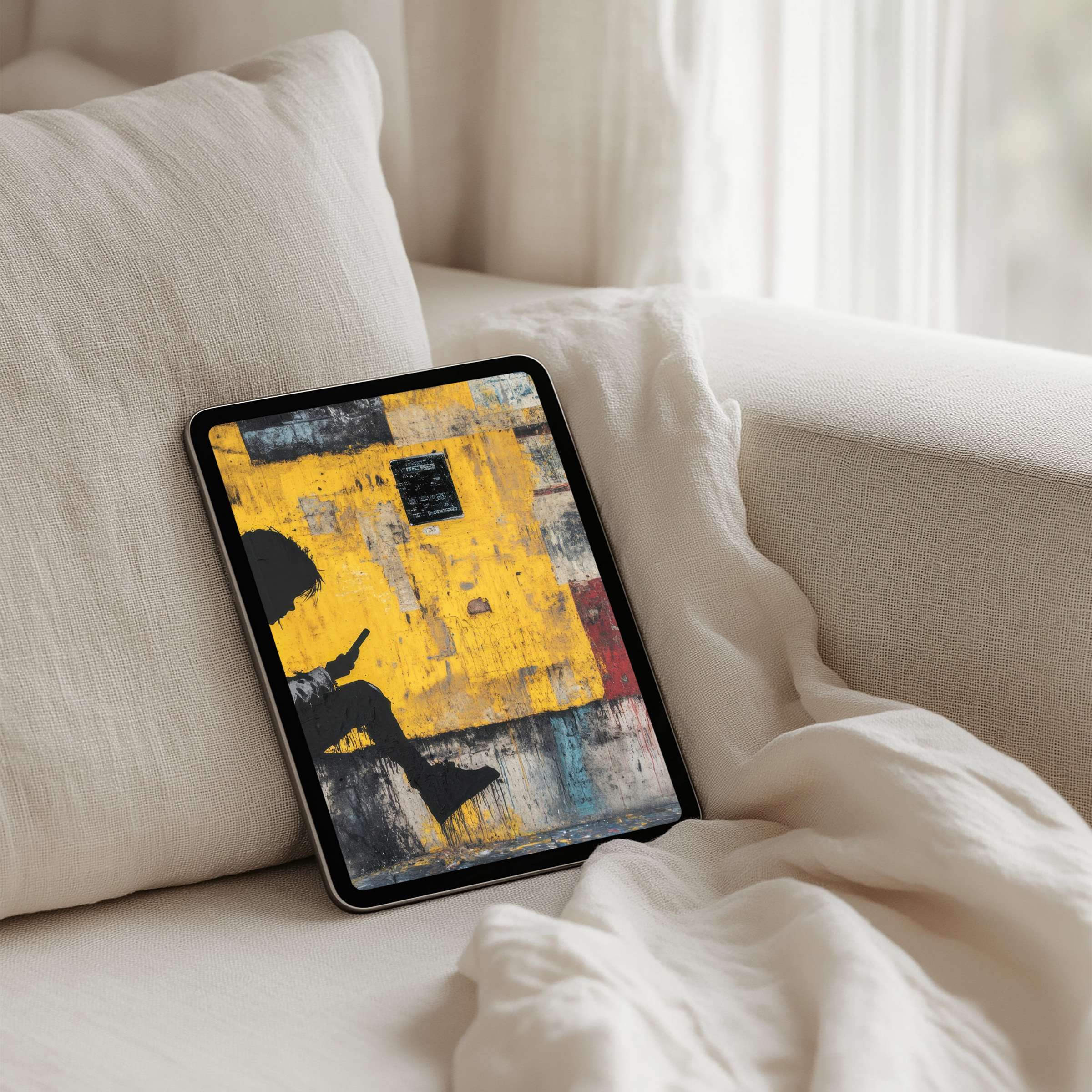 Luxurious iPad background featuring an abstract yellow art design for instant download, ideal for calming tablet aesthetics