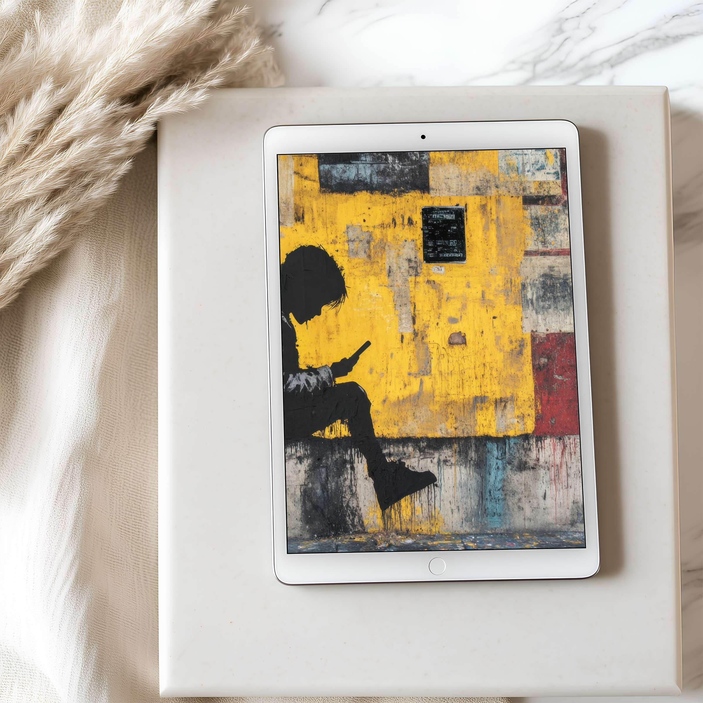 Elegant abstract tablet wallpaper featuring a silhouette on textured yellow and red Perfect for iPad and Android, high resolution download