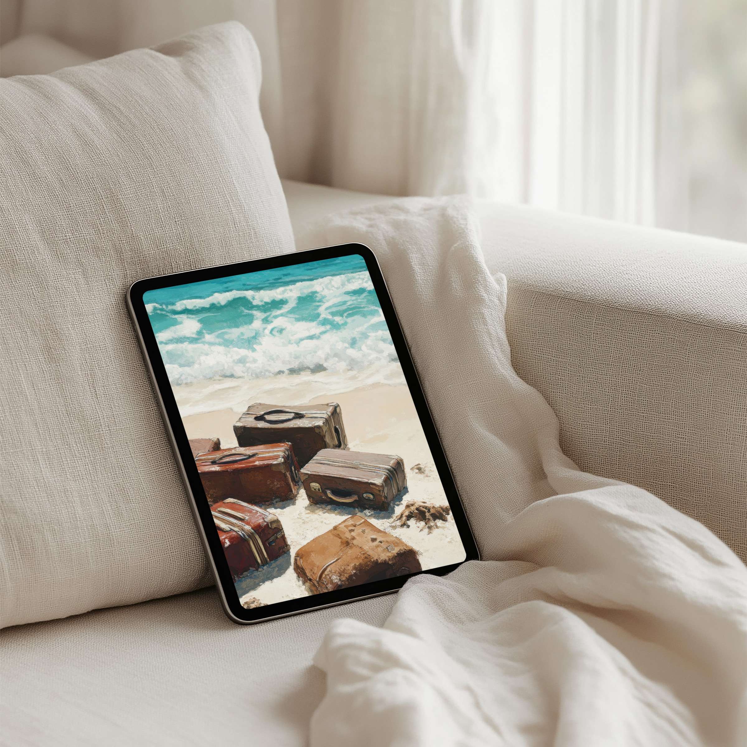 Elegant iPad background with vintage luggage on sandy shore offers serene inspiration for tablet users seeking instant download tranquility