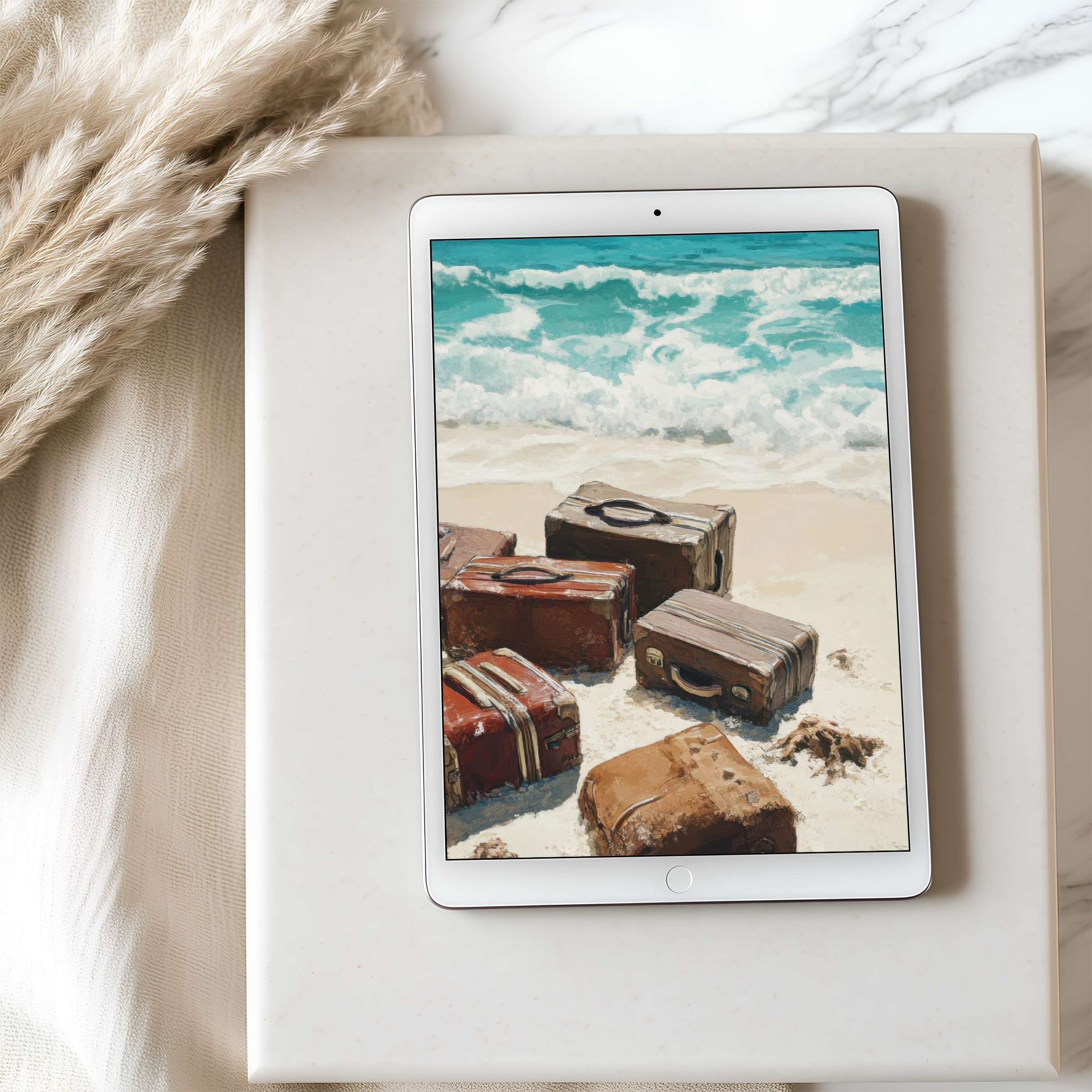 Elegant beach scene art with pastel tones on a high-resolution tablet wallpaper, perfect for iPad and Android tablet downloads