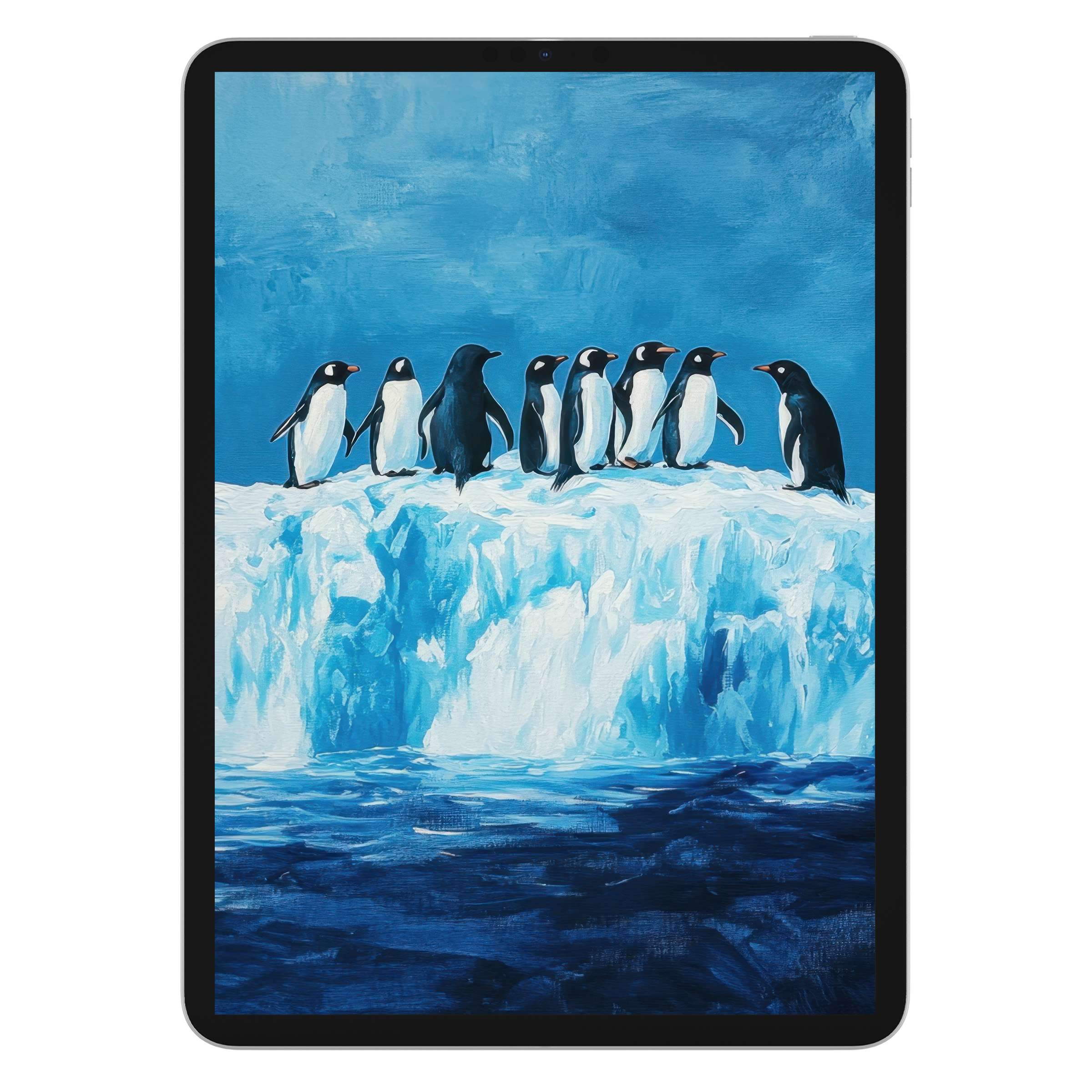Elegant street art iPad wallpaper featuring penguins atop icy blues offers a serene digital download for tablet backgrounds