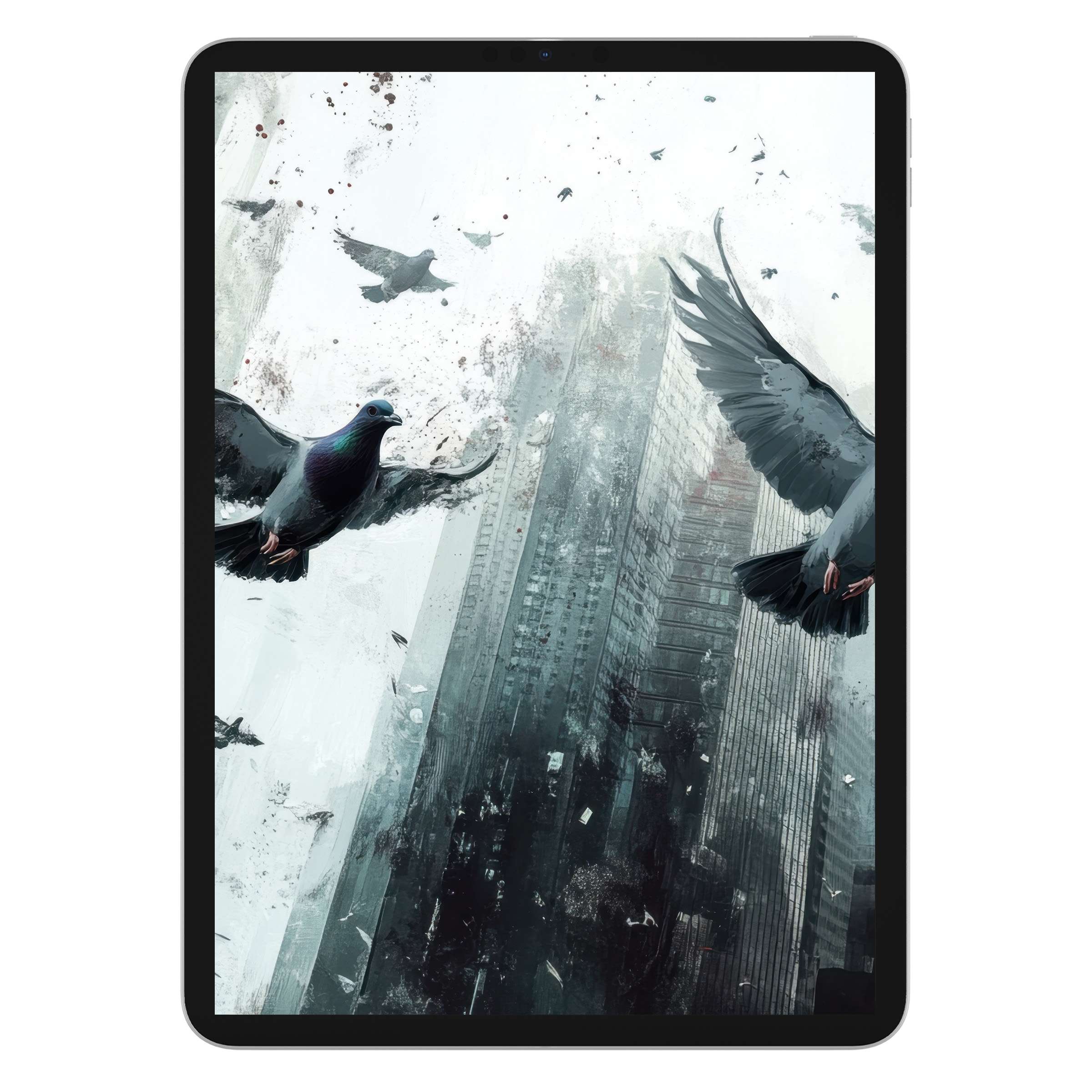 Street art iPad wallpaper with soaring pigeons against urban high-rises, a digital download for tablet background tranquility