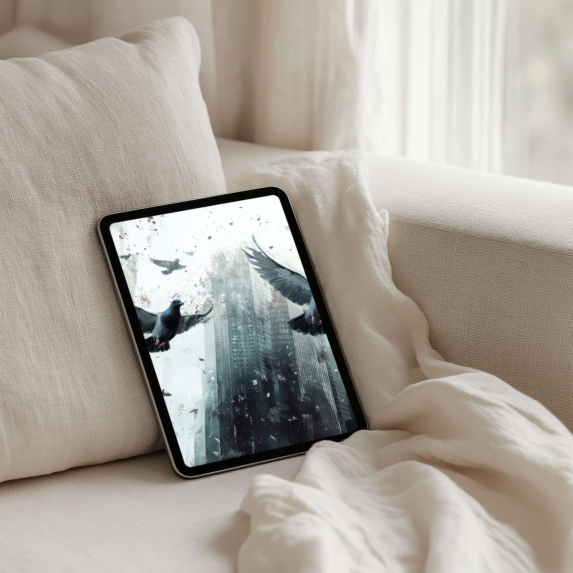 Calming urban scene with birds in flight iPad background evokes elegance and mindfulness perfect for any tablet instant download