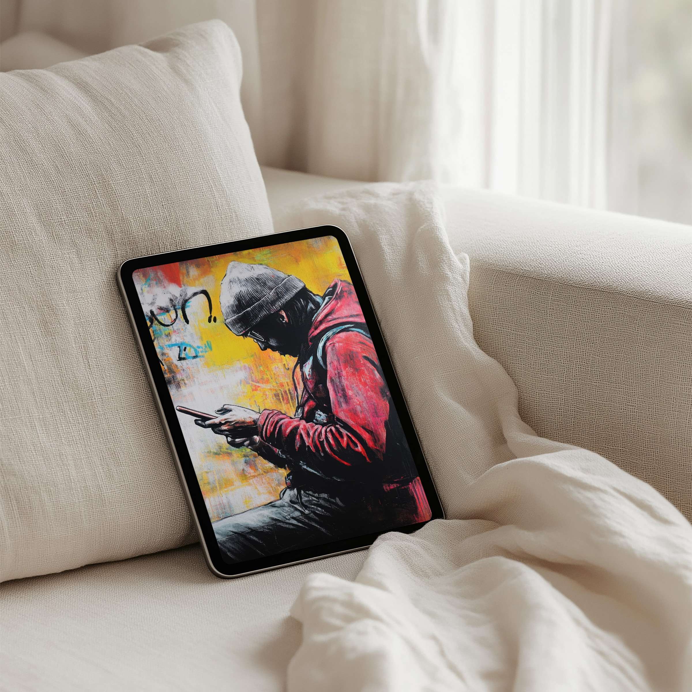 Cozy iPad background with inspiring street art in warm tones, perfect for instant download on any tablet, enhancing calm and elegance