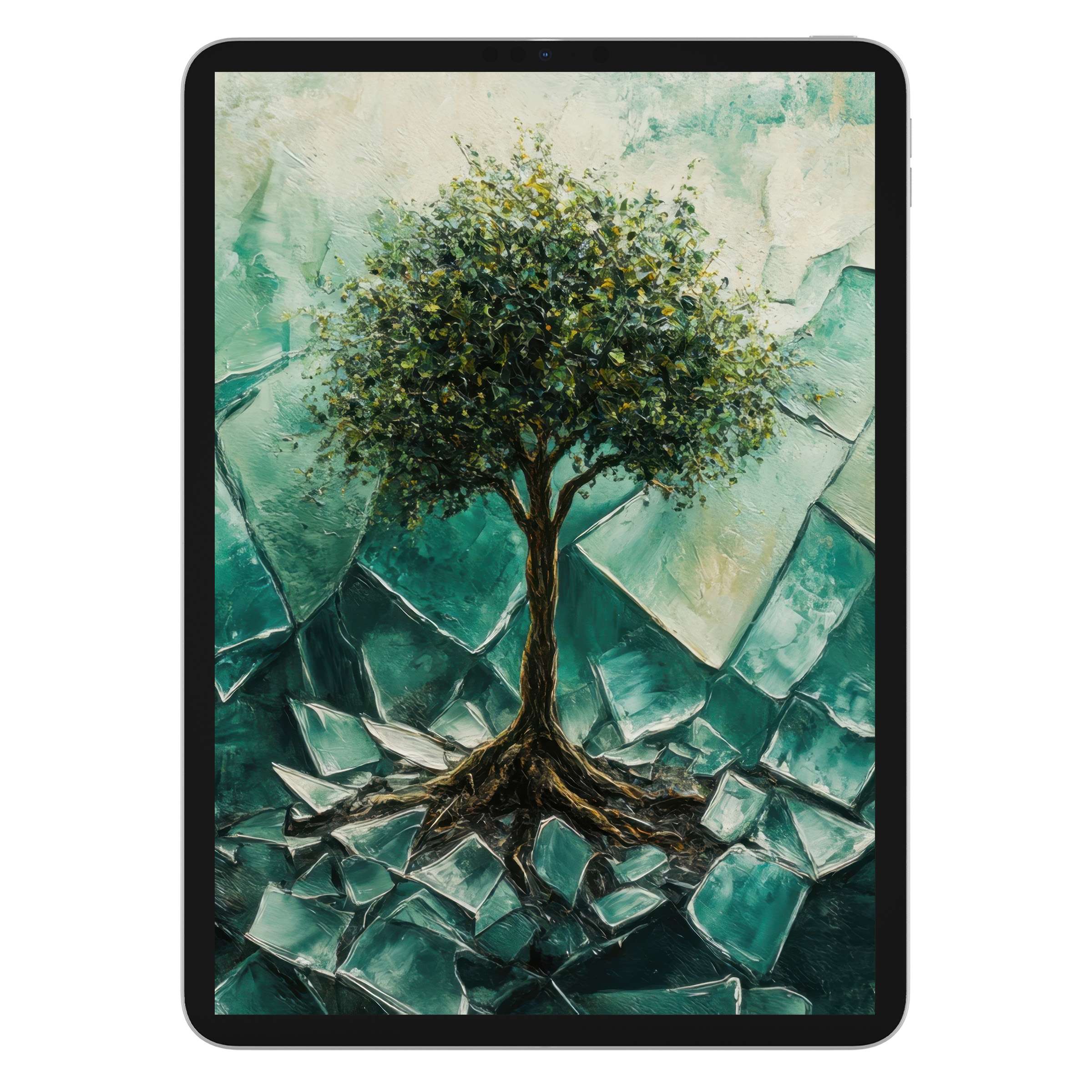 Street art iPad wallpaper with a serene tree amidst teal textures for an inspiring digital download background on any tablet