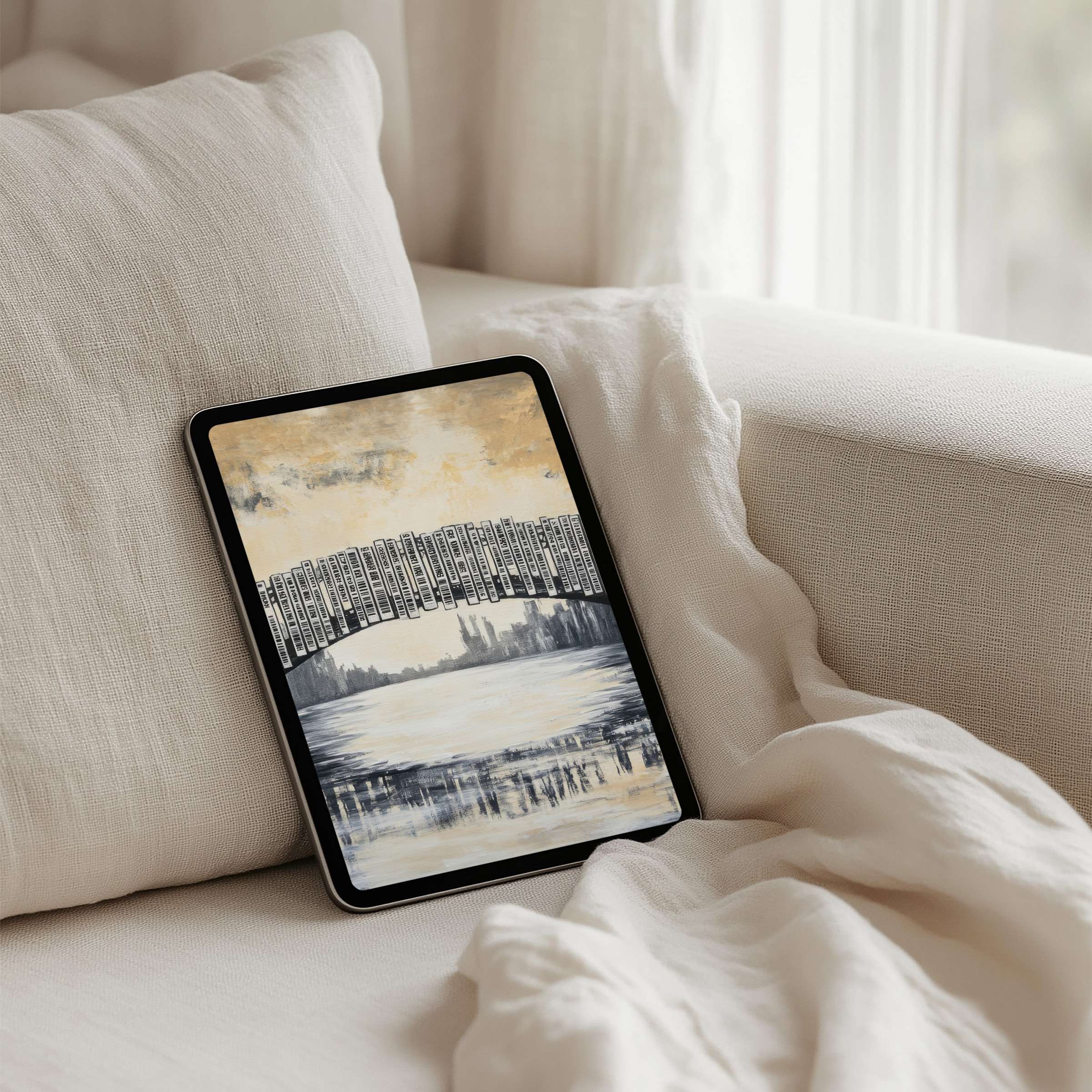 Elegant iPad background showcasing serene abstract art with soft neutrals enhancing calm and mindfulness, instant download for any tablet