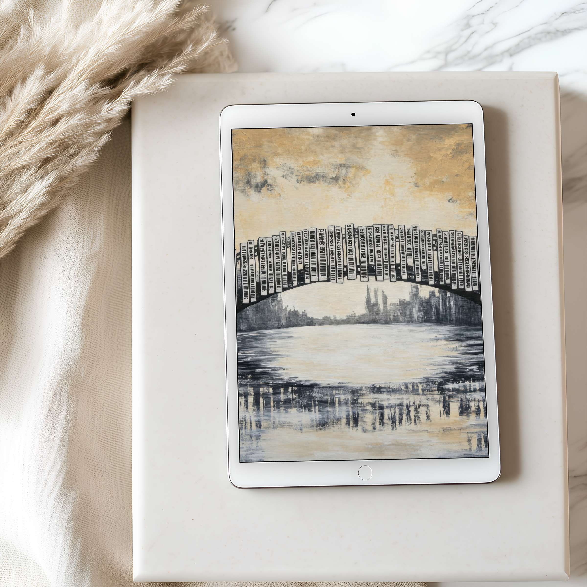 "Elegant tablet wallpaper featuring a serene abstract cityscape, ideal for iPad and Android tablets; high resolution digital download"