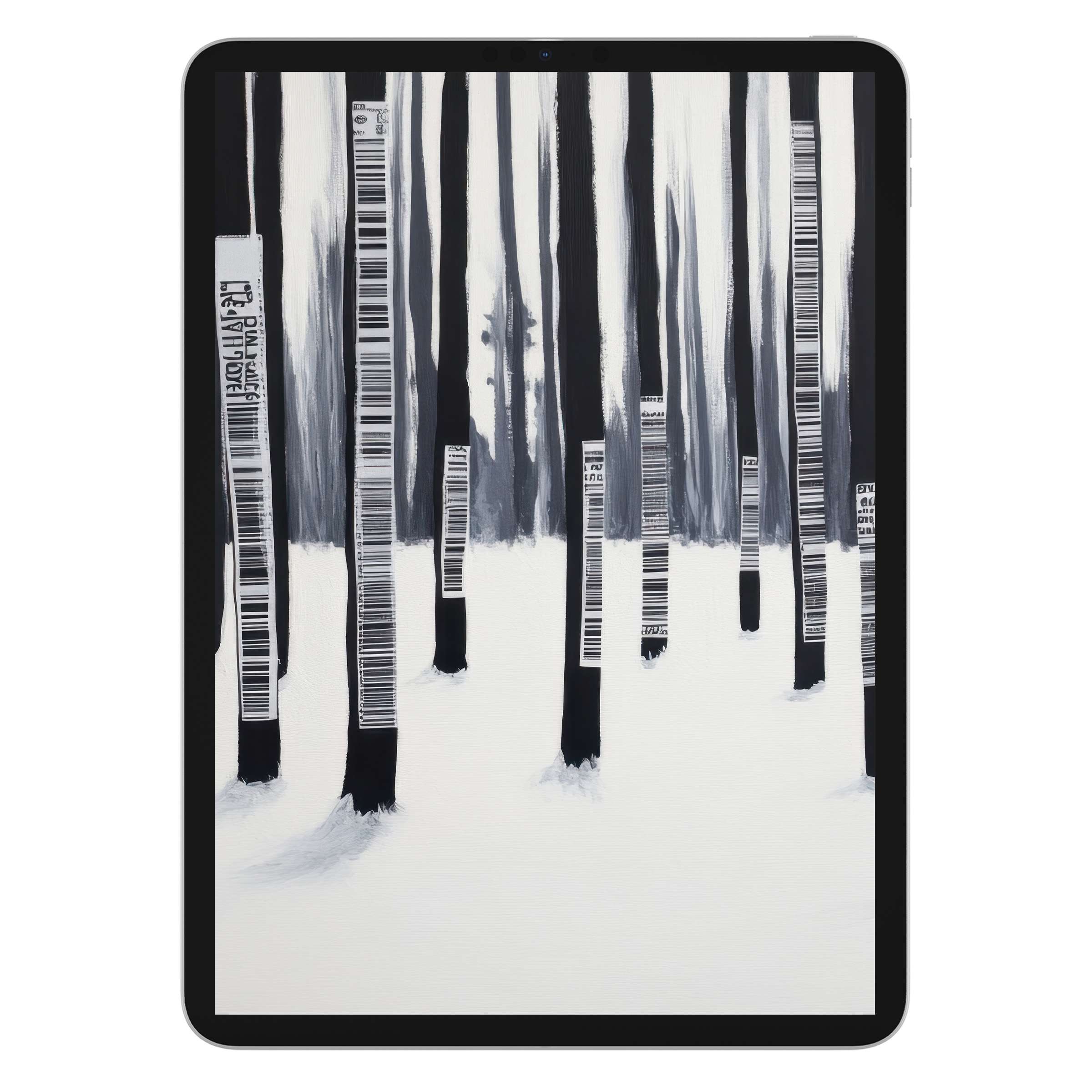 Serene black and white street art iPad wallpaper with barcode trees creates a calming digital download for tablet backgrounds