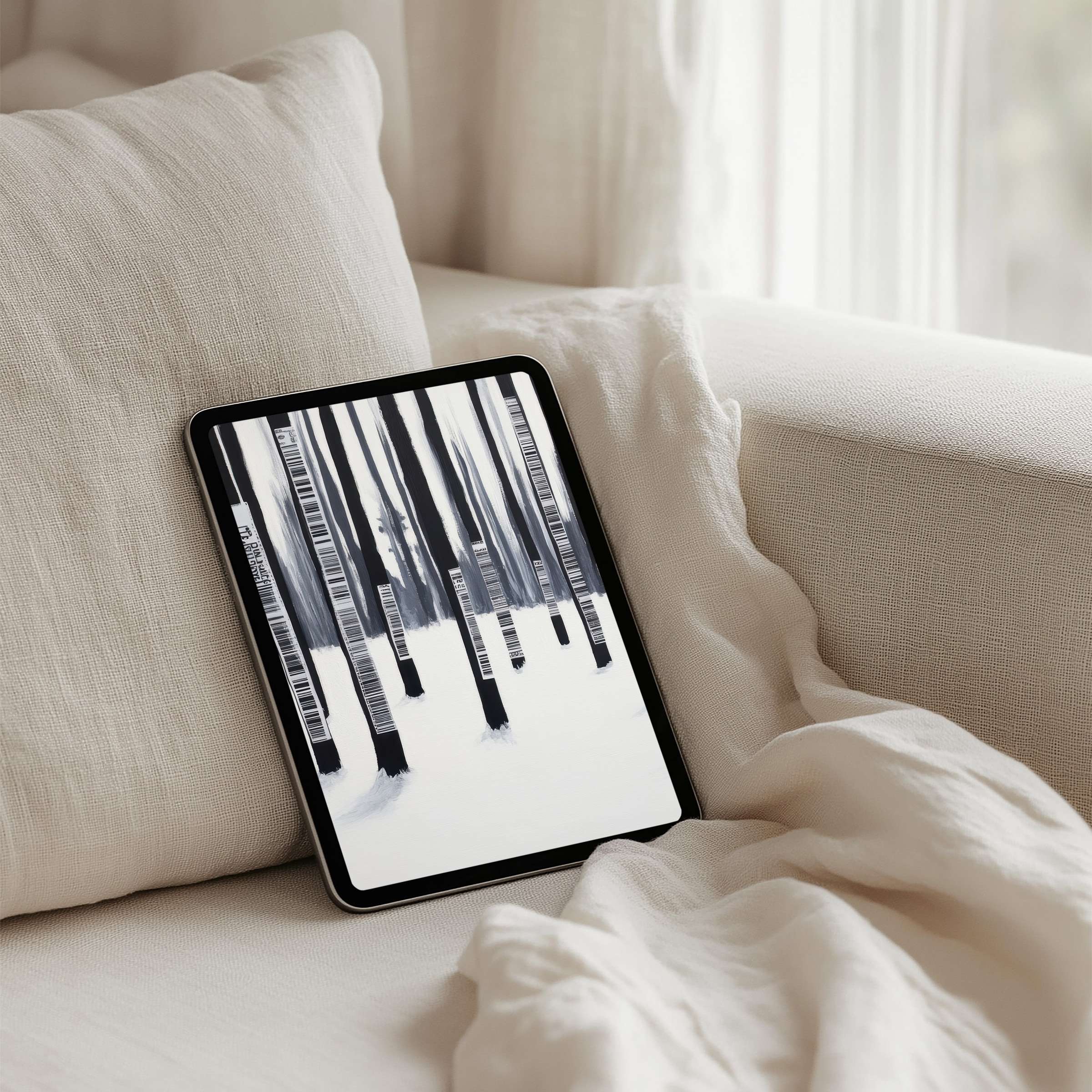 Elegant winter forest iPad background on tablet evokes calm and inspiration, perfect for instant download and mindful design lovers