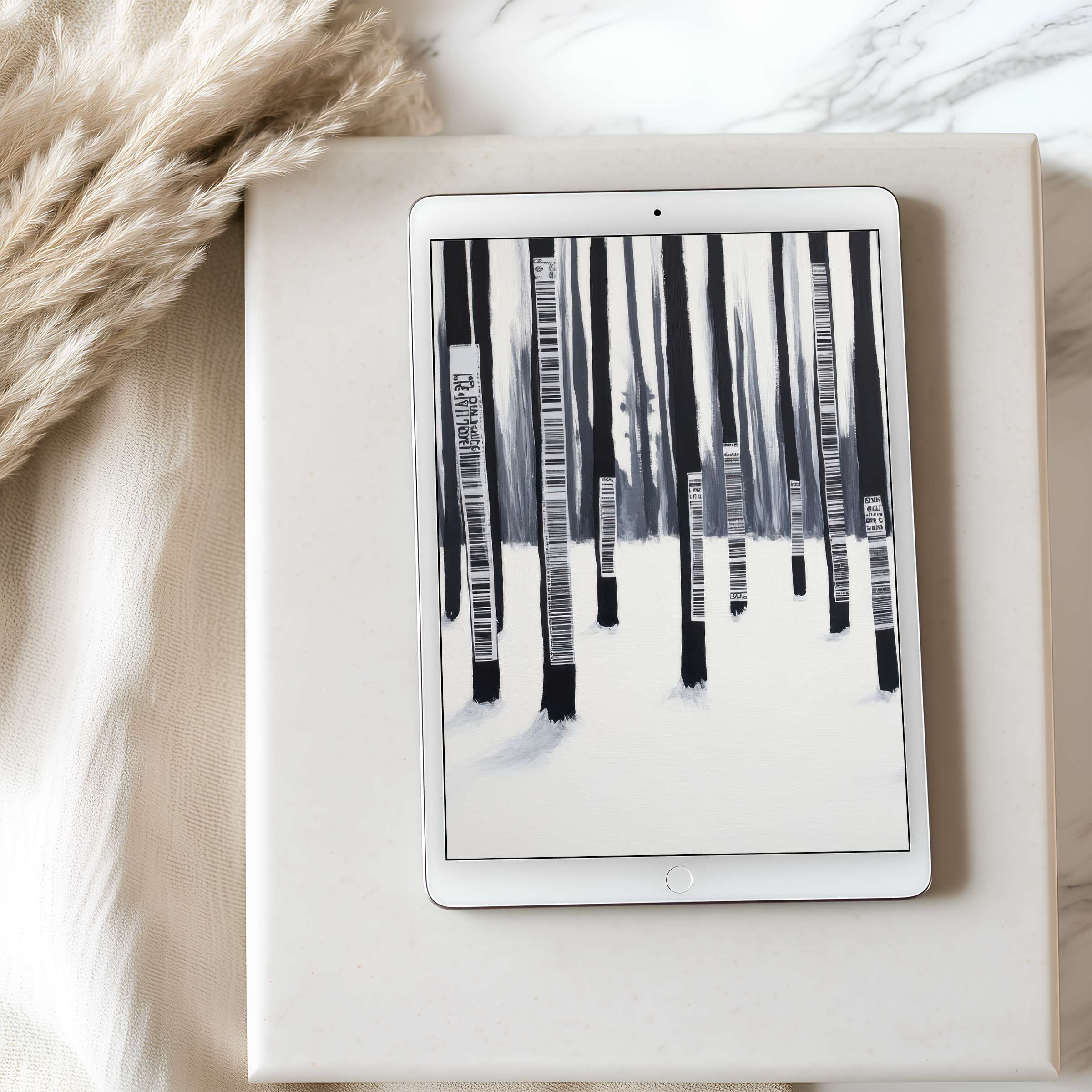 Serene digital brushstrokes depict barcode trees on a high-resolution tablet wallpaper, perfect for iPad or Android download, enhancing tranquility