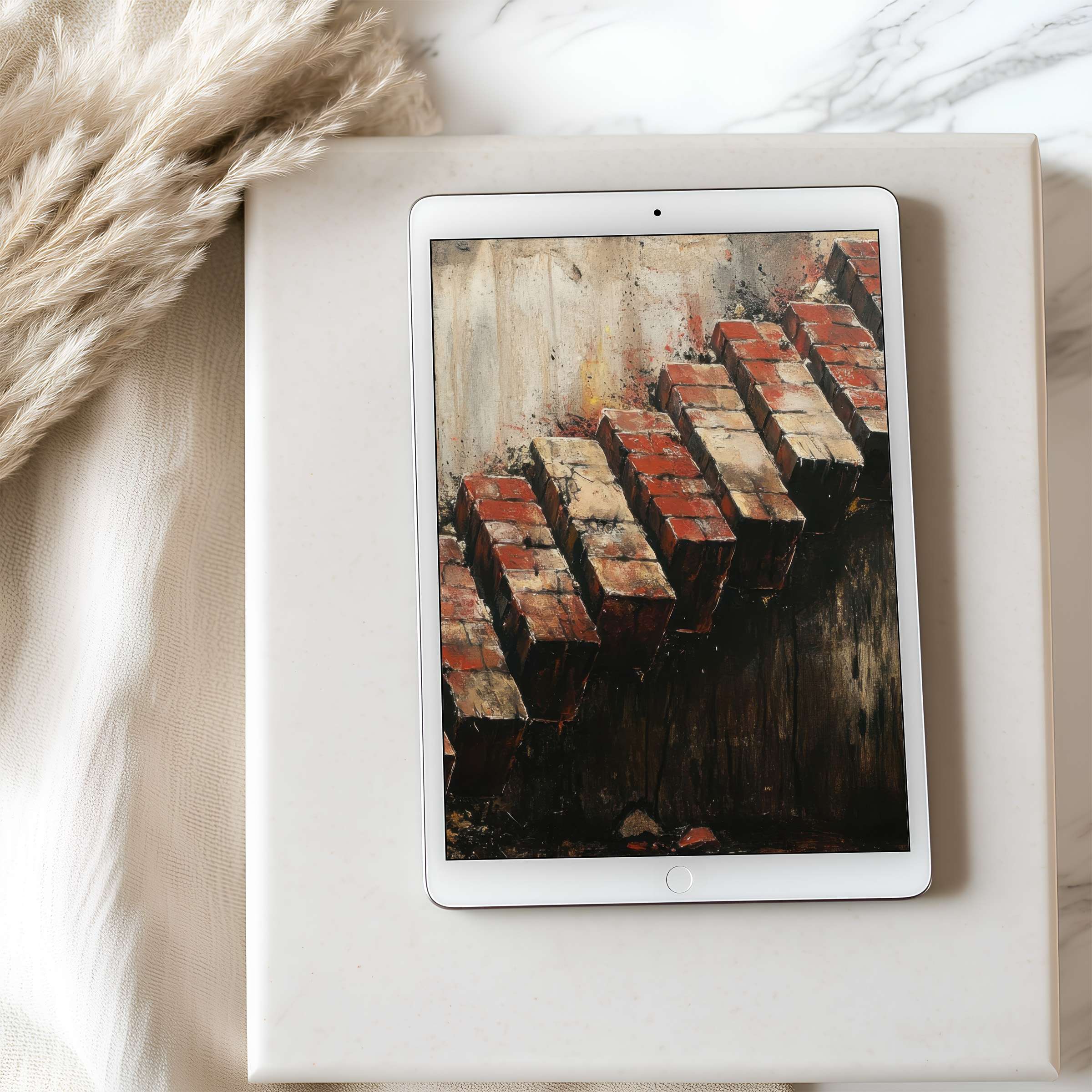 Abstract tablet wallpaper with red brick motif on high-resolution iPad, enhancing serene interiors, perfect for digital download