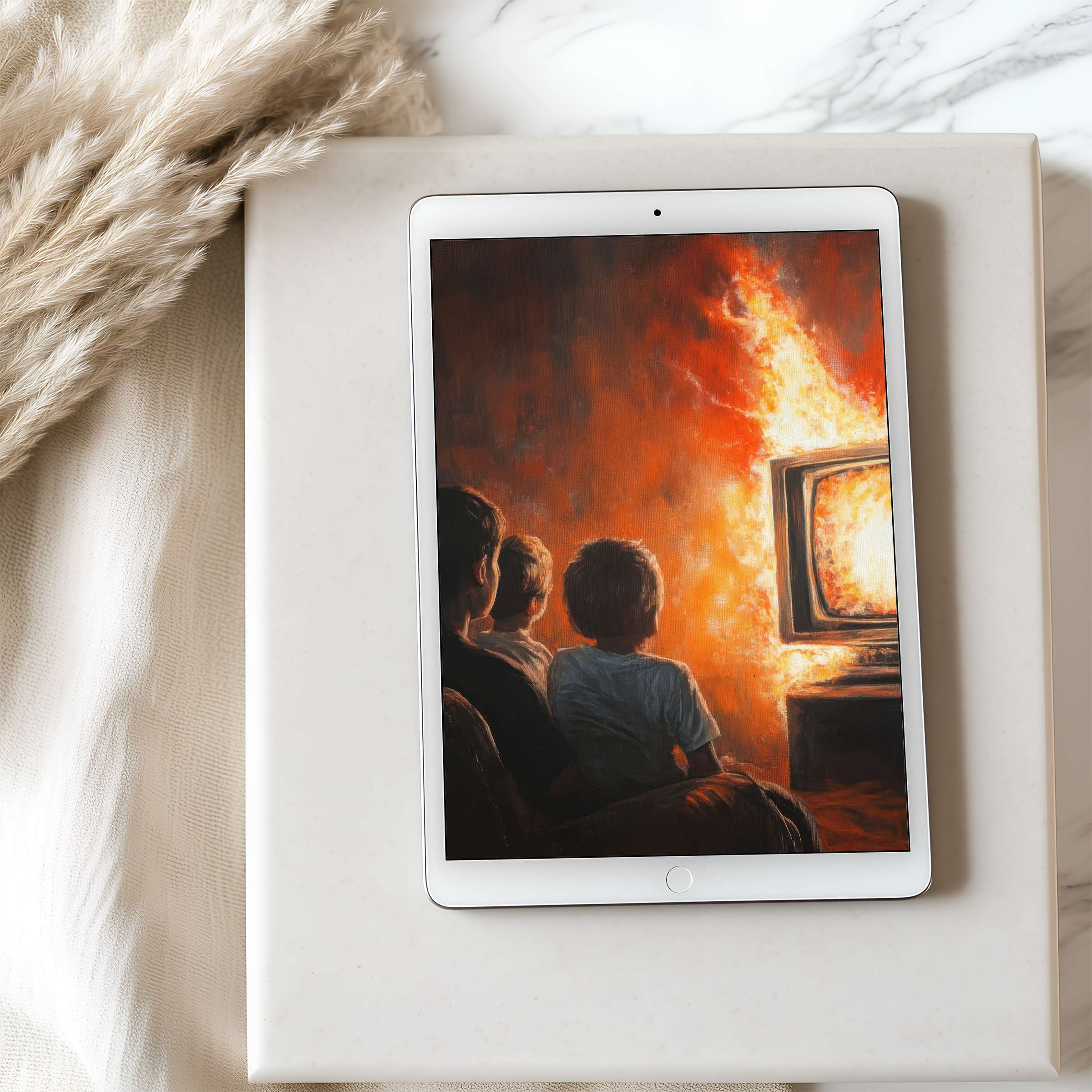 Vibrant tablet wallpaper featuring fiery hues and a nostalgic scene, perfect for high resolution iPad displays and Android downloads