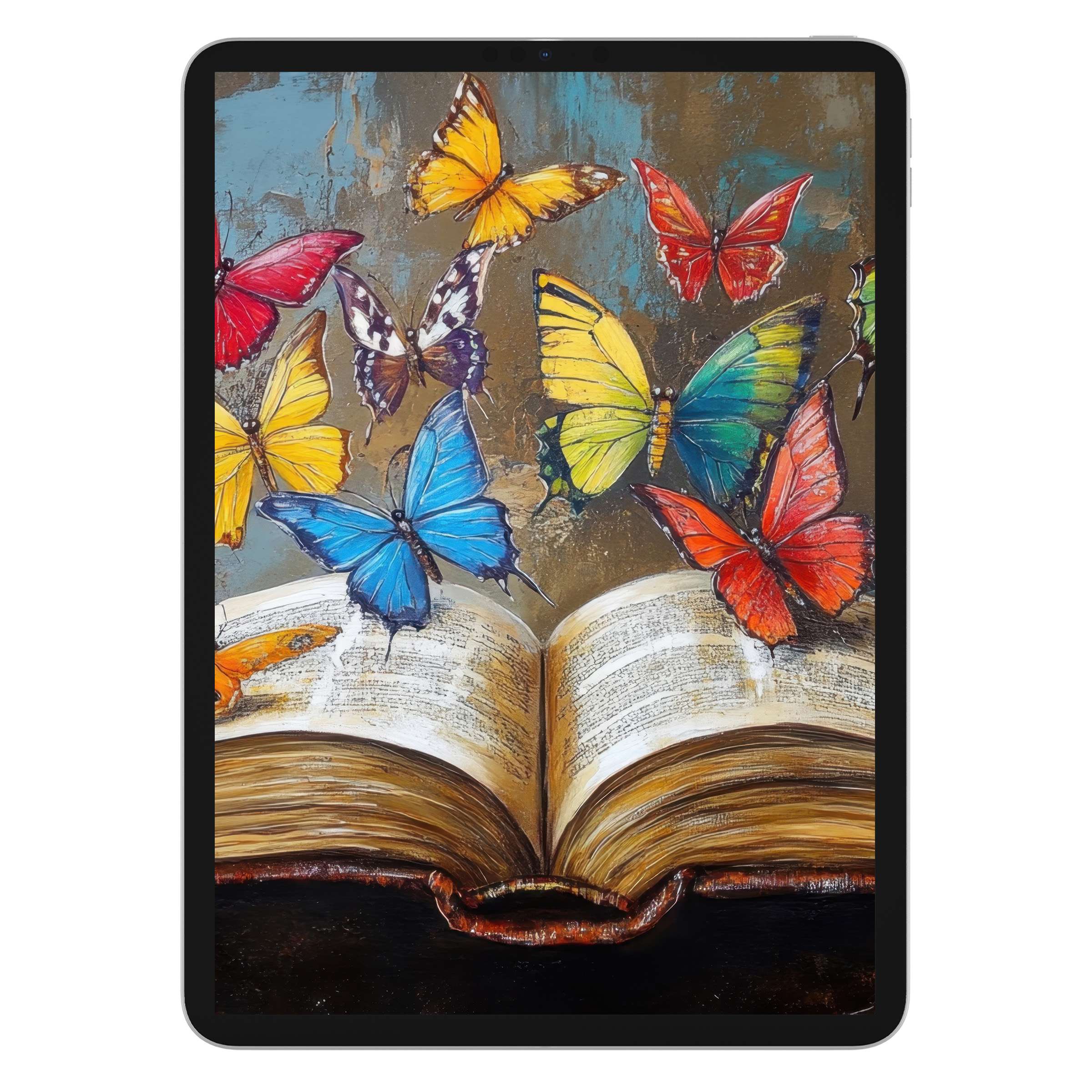 Vibrant street art iPad wallpaper featuring colorful butterflies and an open book, perfect digital download for tablet background art