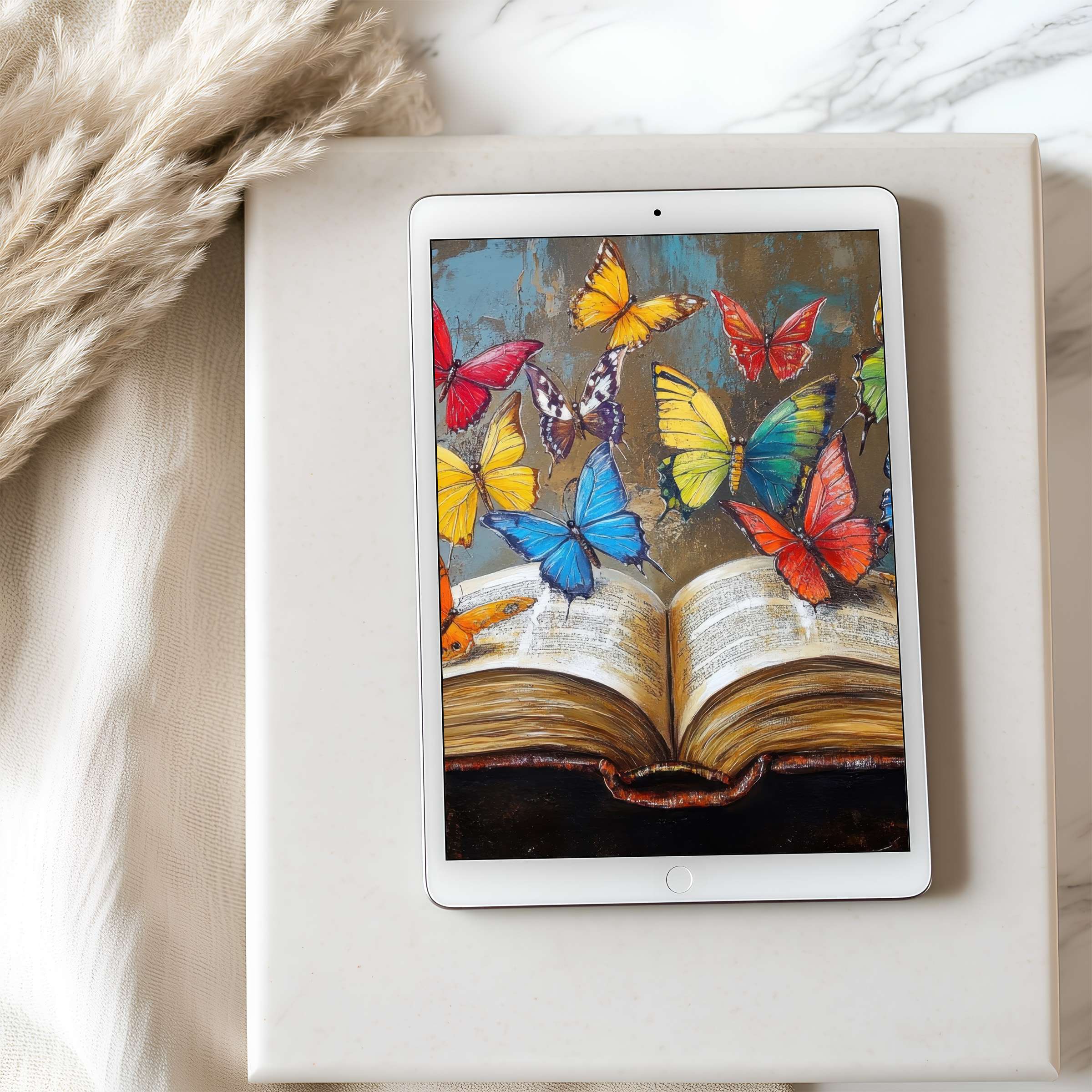 Colorful butterfly motif on tablet wallpaper combines elegance with high resolution, perfect for iPad and Android, offering calm inspiration
