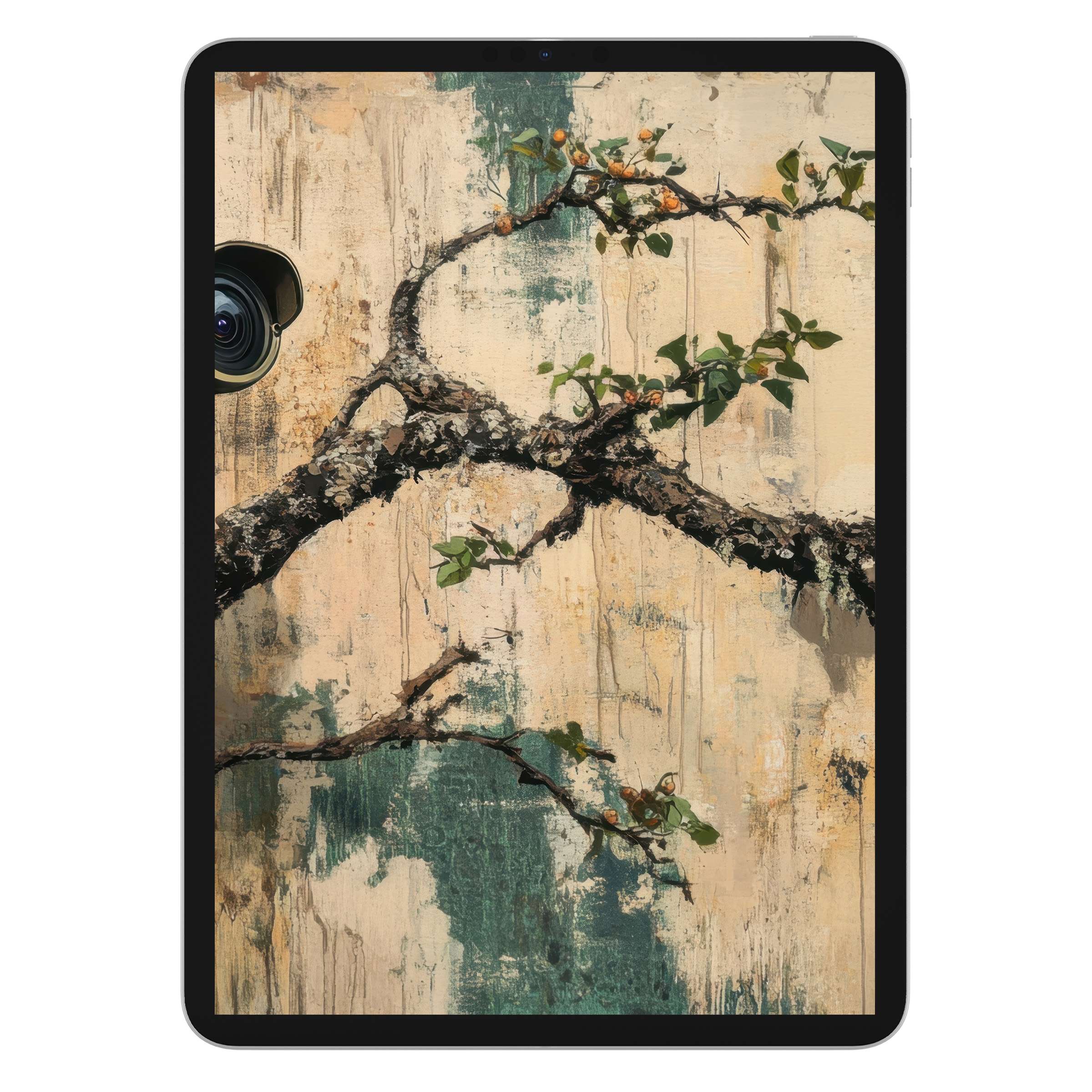 Serene street art iPad wallpaper with textured branches and soft hues, perfect digital download background for tablet aesthetics