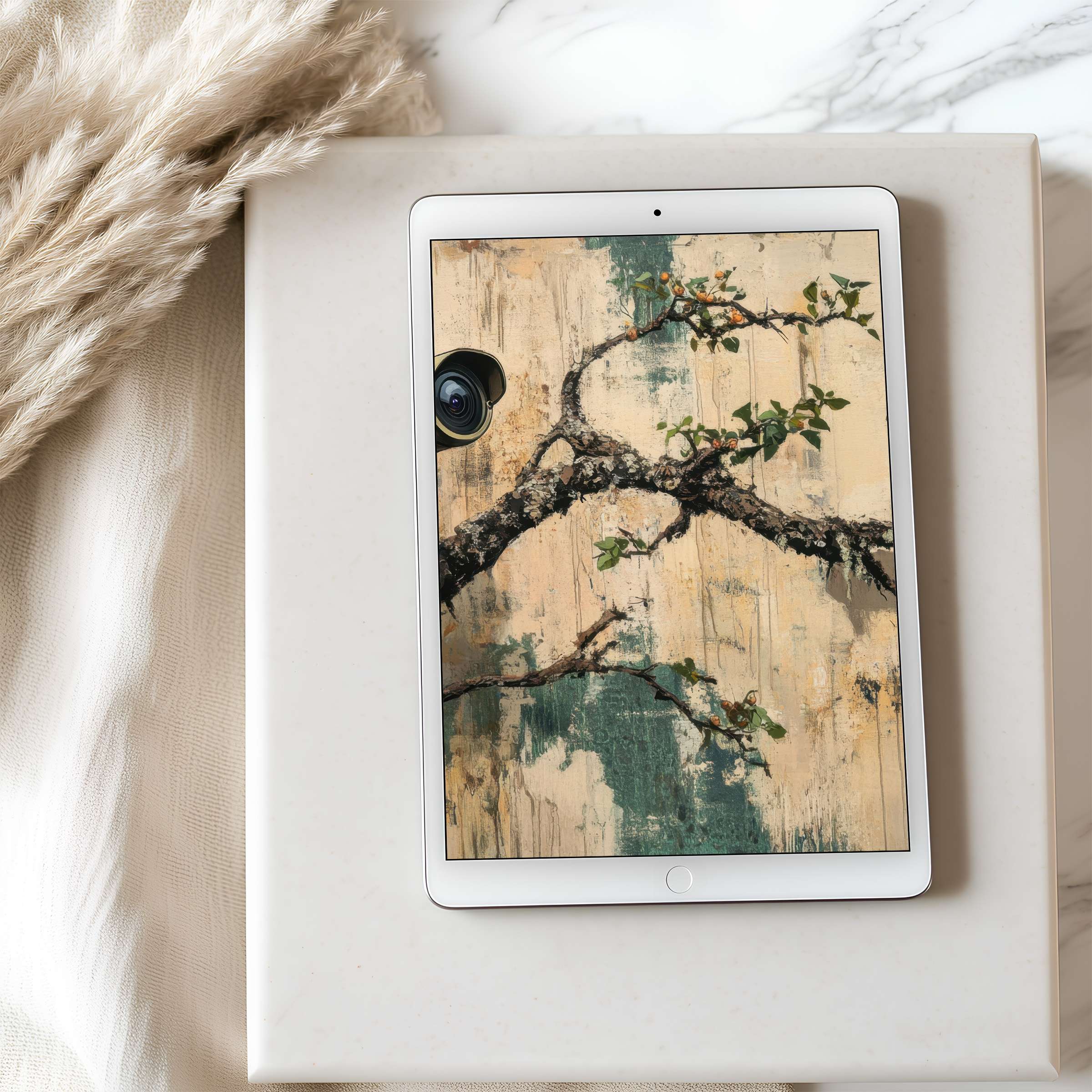 Elegant tablet wallpaper featuring a serene tree branch motif with muted earth tones on iPad for high-resolution digital download