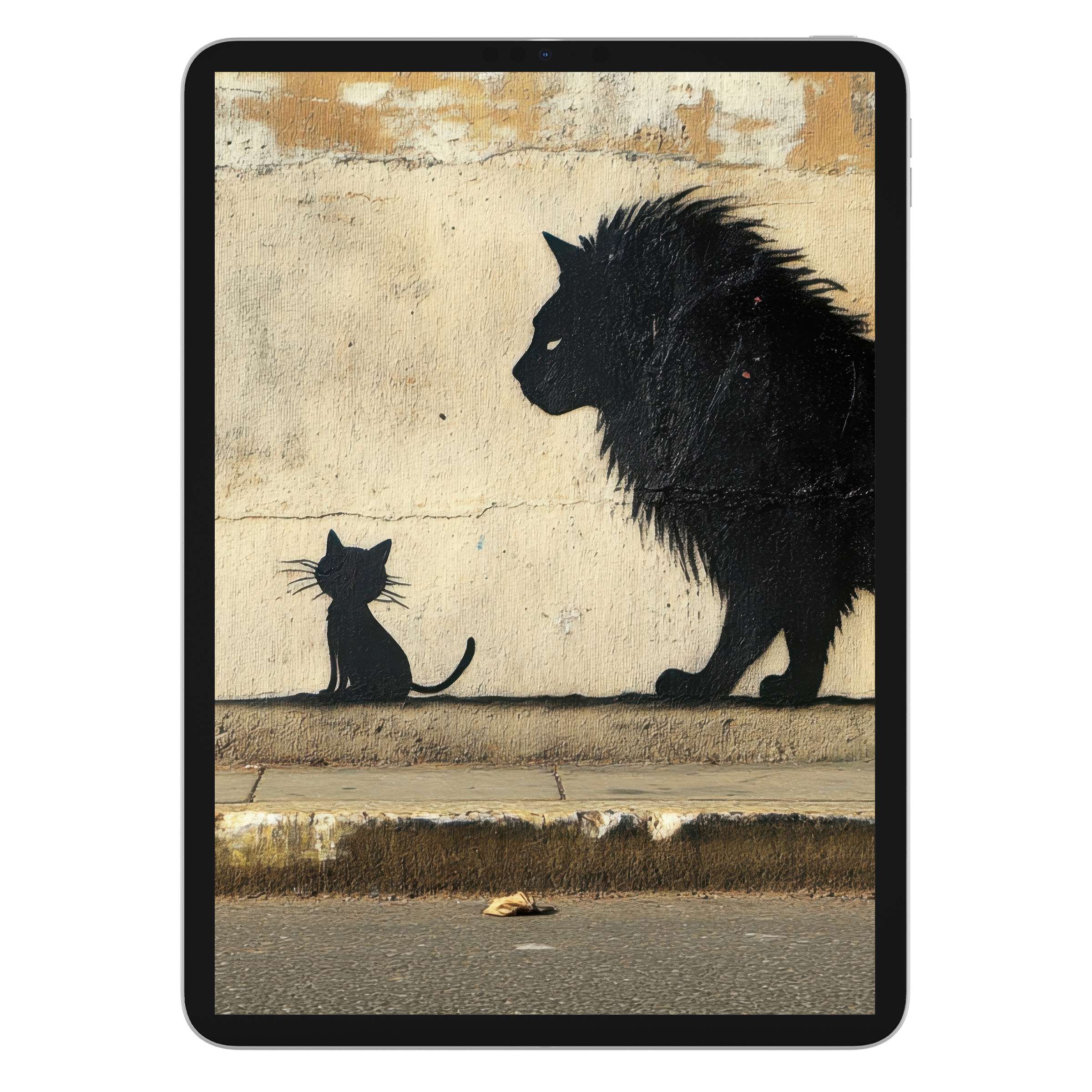 Street art iPad wallpaper featuring a black cat and lion on a textured wall, perfect digital download for elegant tablet background