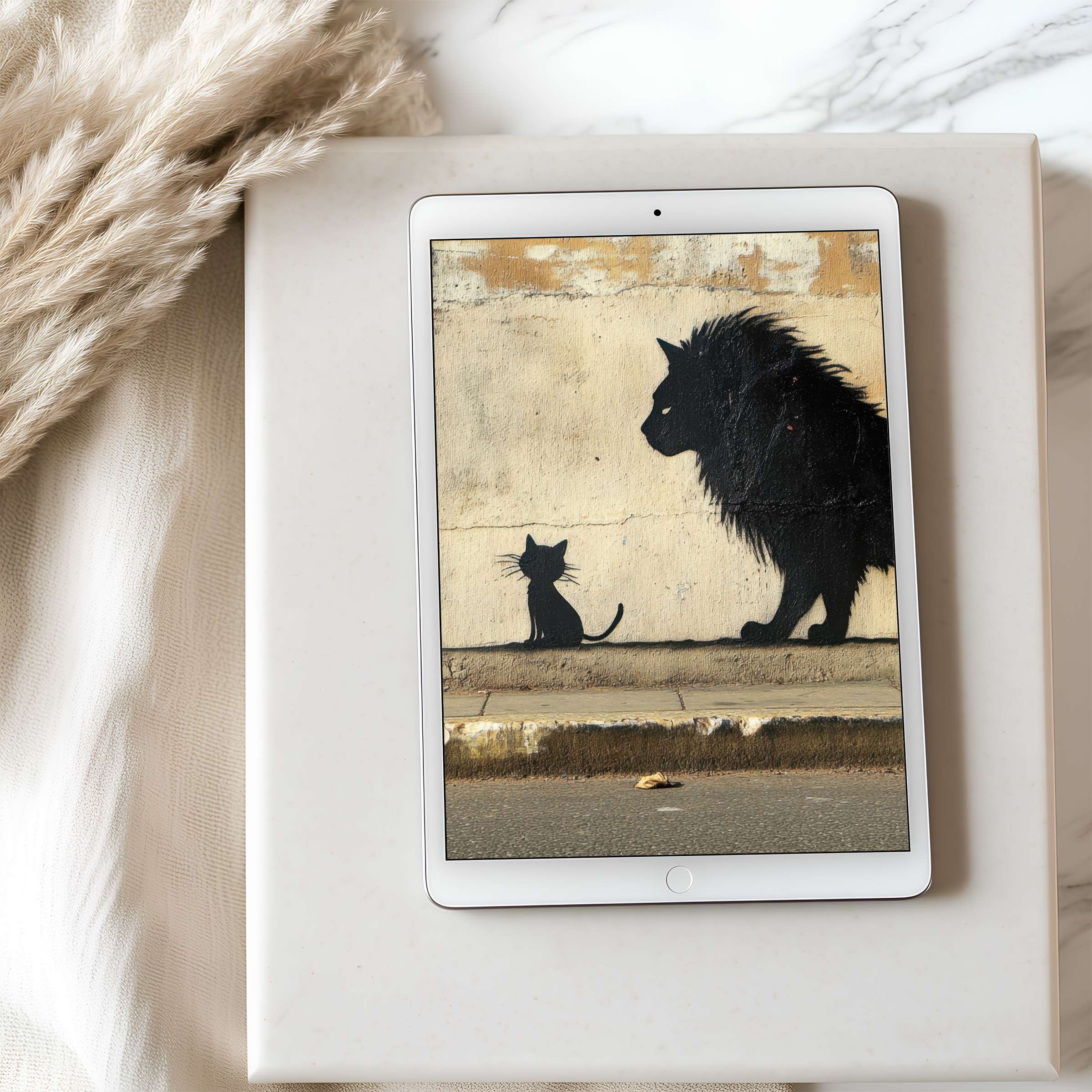 Elegant tablet wallpaper featuring a minimalist cat and lion mural on rustic backdrop, ideal for iPad, high resolution, digital download