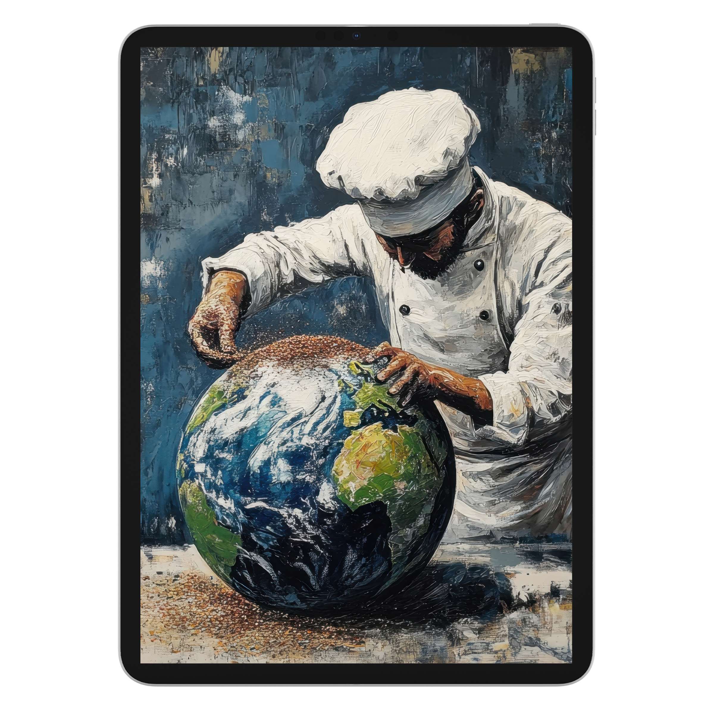 Street art iPad wallpaper featuring a chef shaping Earth with vibrant colors, perfect digital download for a calm tablet background