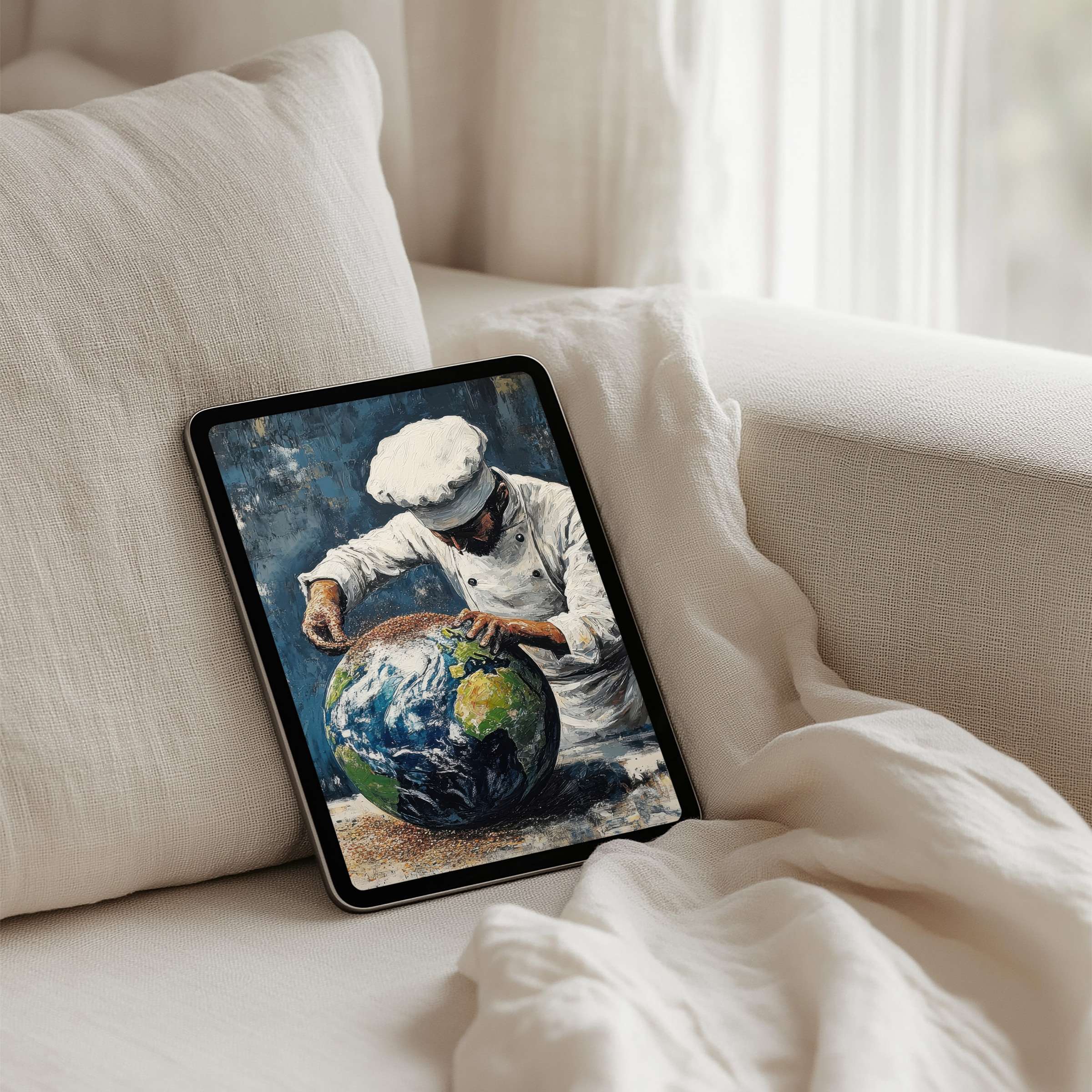 Chef sculpting the Earth iPad background inspires calm and elegance for tablets instant download for mindful digital art lovers