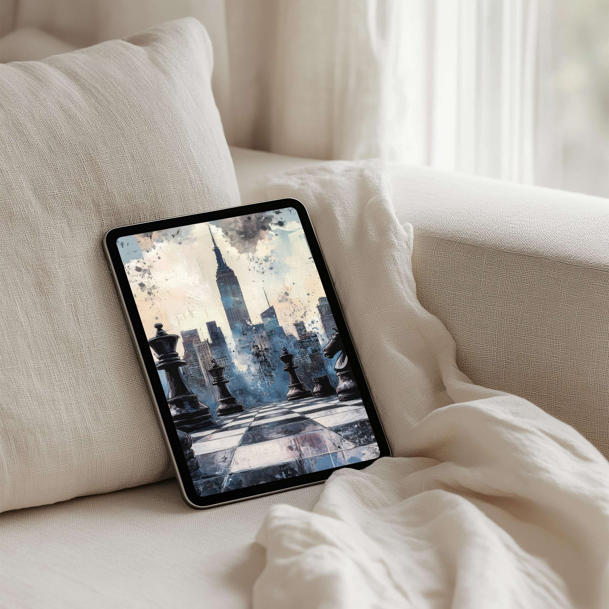 Elegant cityscape iPad background with chess motif evokes calm inspiration perfect for tablet instant download enhancing mindfulness