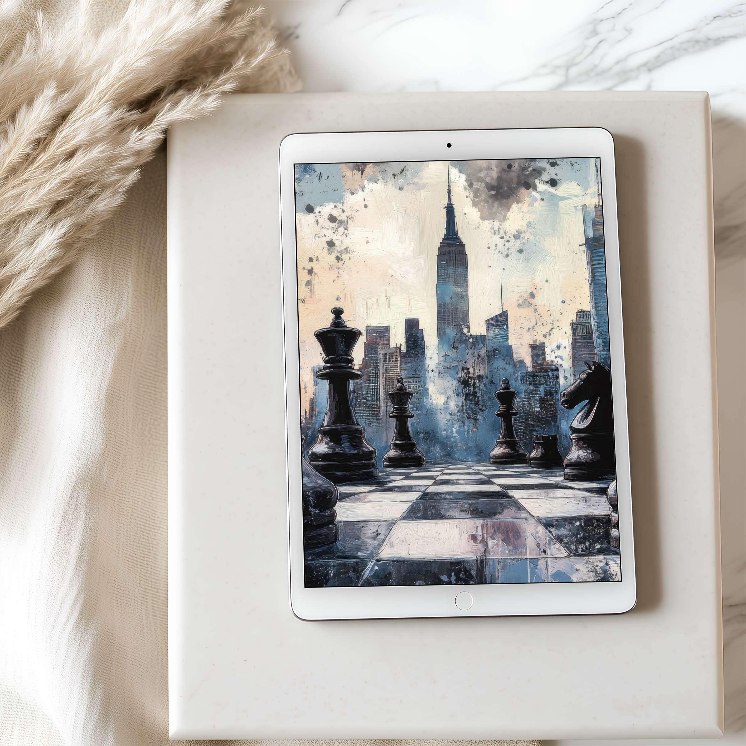 Elegant tablet wallpaper featuring a high-resolution cityscape with chess motif, perfect for serene digital downloads on iPad and Android tablets
