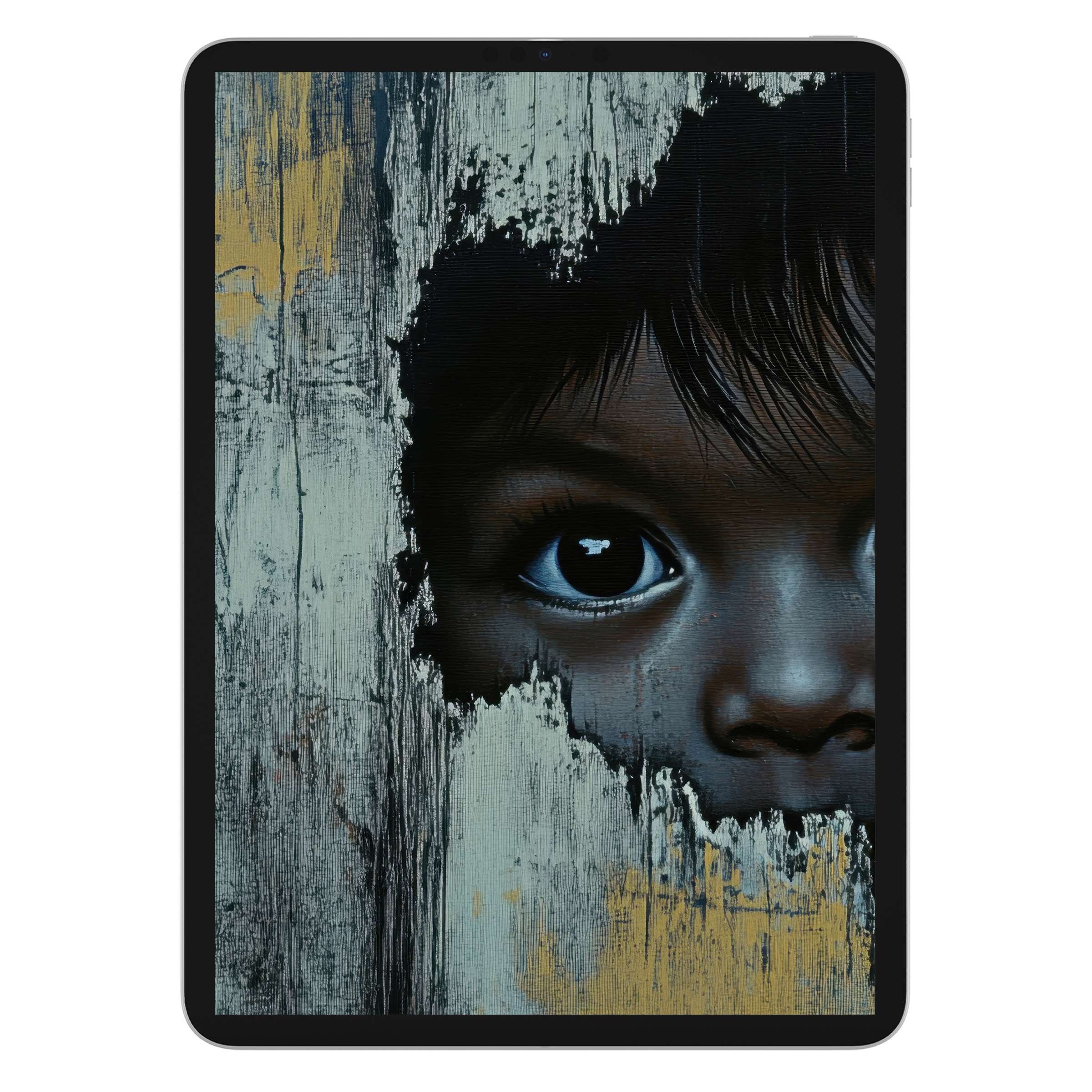 Street art iPad wallpaper featuring a child's eye peeks through textured wood, perfect digital download background for any tablet