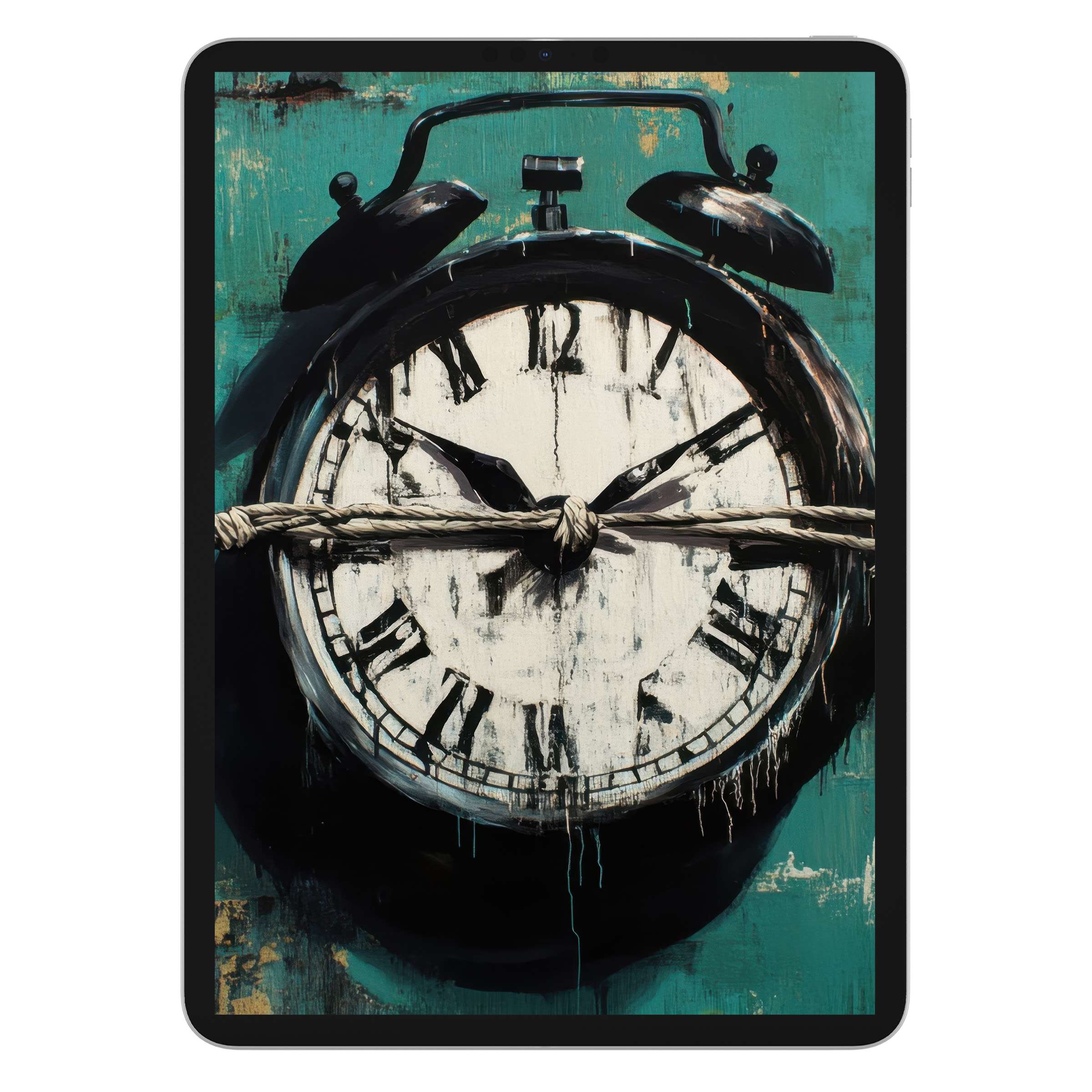 Street art iPad wallpaper features a vintage clock painted against teal backdrop for tablet background digital download, edgy elegance