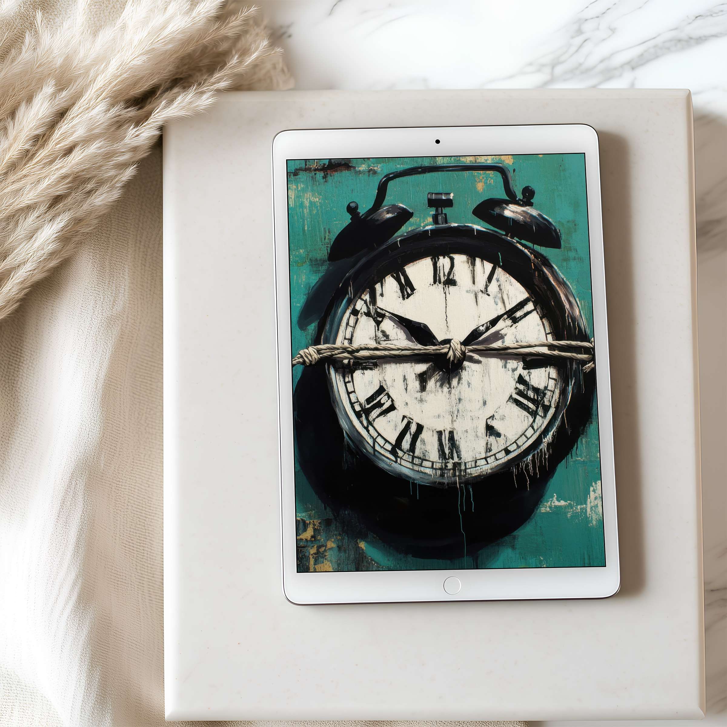 Elegant tablet wallpaper featuring a vintage clock tied with rope against an aqua background offers a calming digital download suitable for iPad