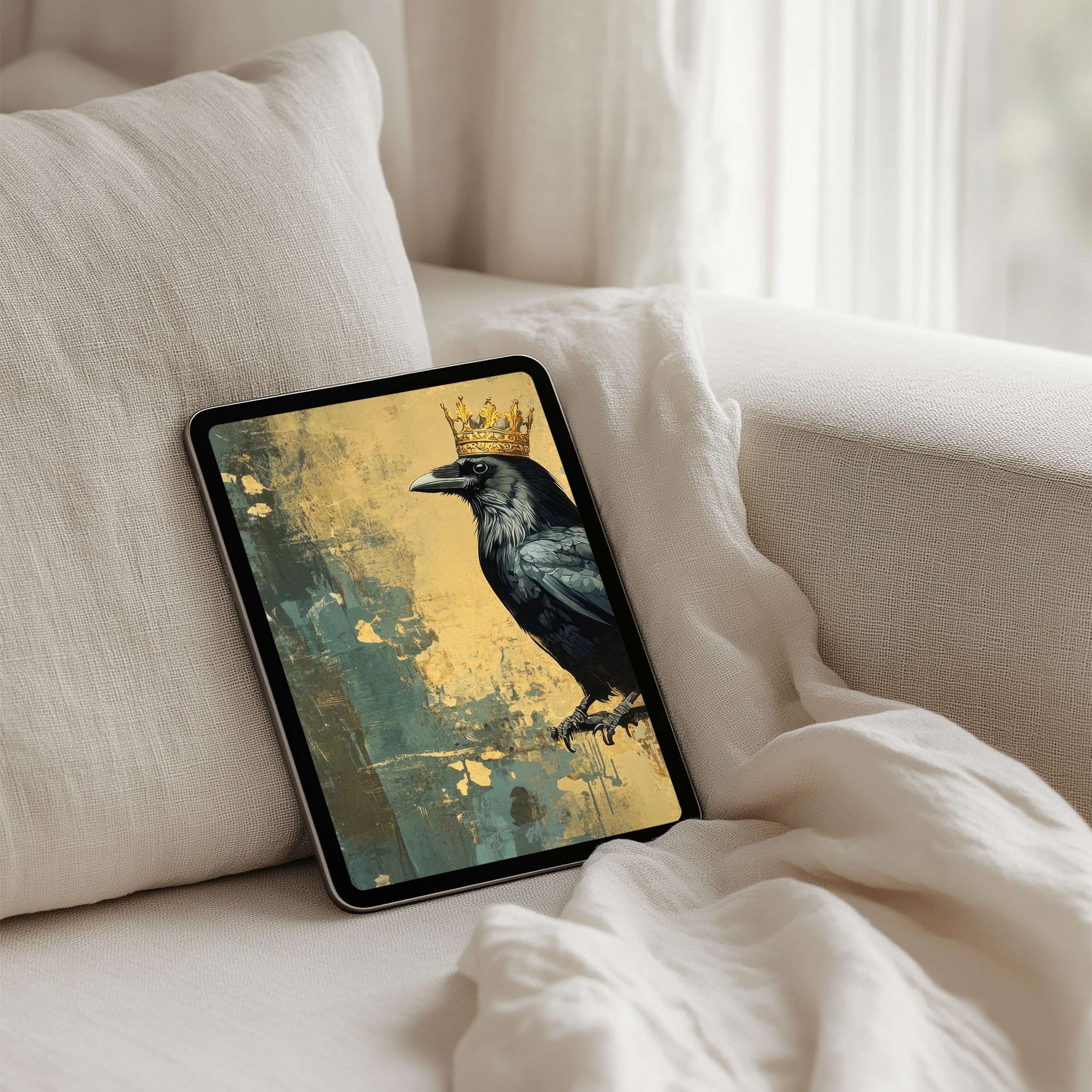 Elegant crow with gold crown in artistic style on soothing iPad background enhances calm and inspiration for tablet instant download