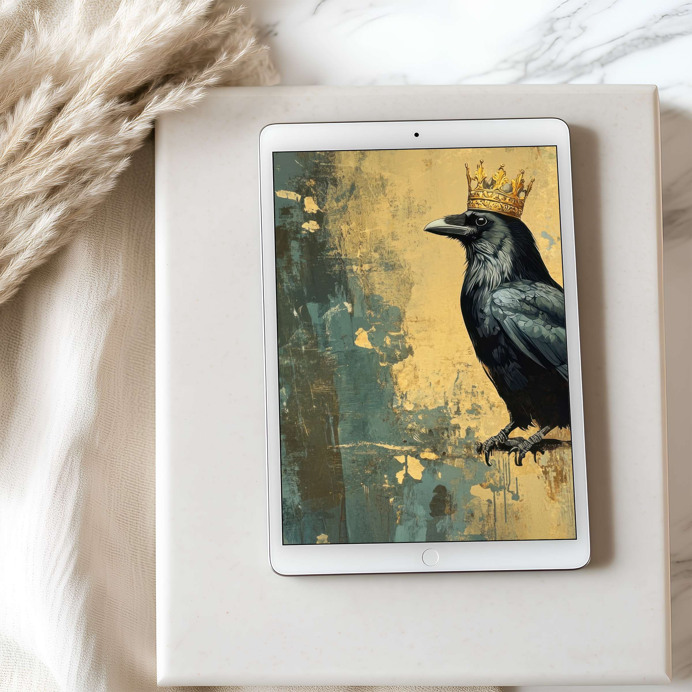 Majestic crow with crown on a gold and teal abstract background, perfect tablet wallpaper for iPad or Android, digital download