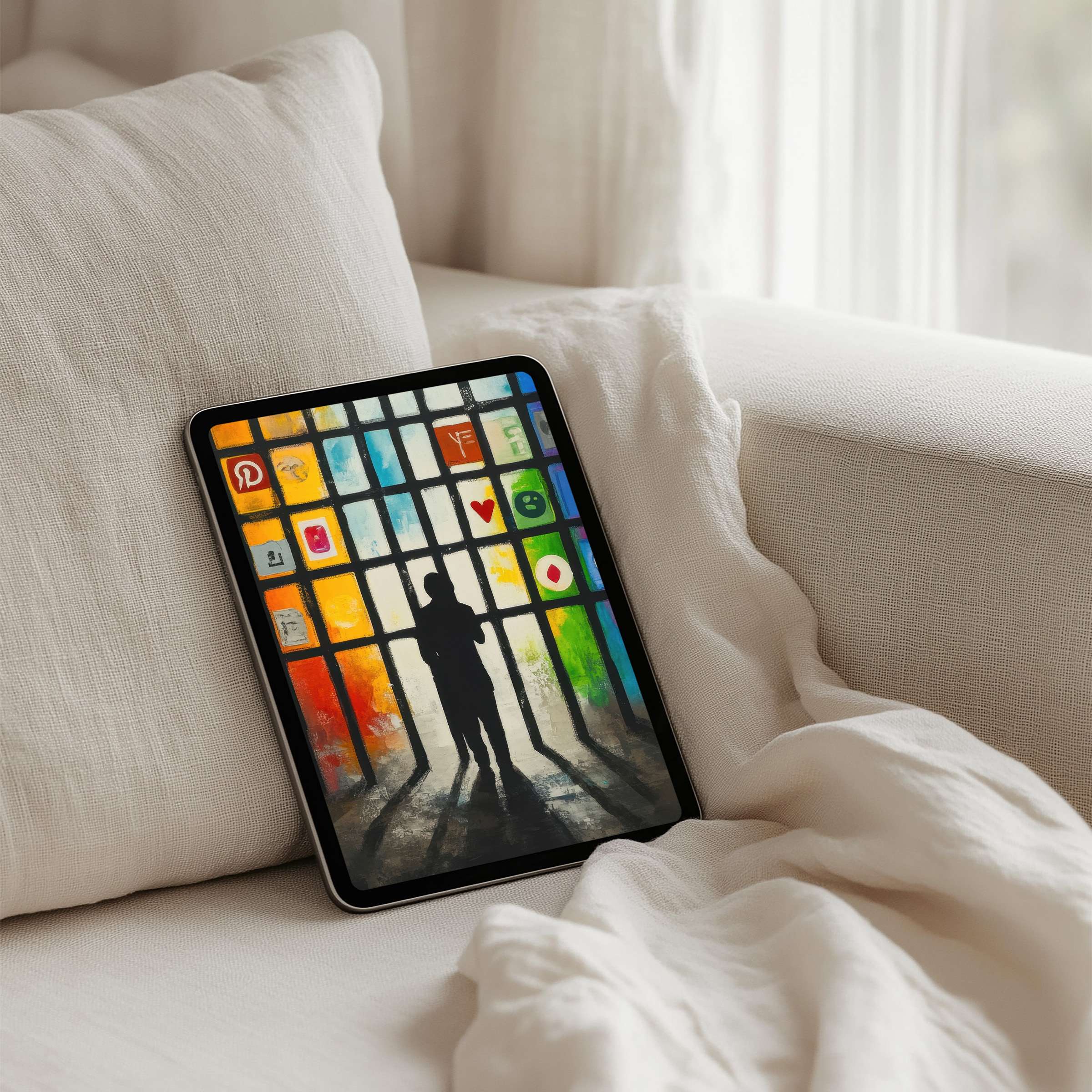 Colorful stained glass digital art iPad background with silhouetted figure, perfect for instant download to fit any tablet