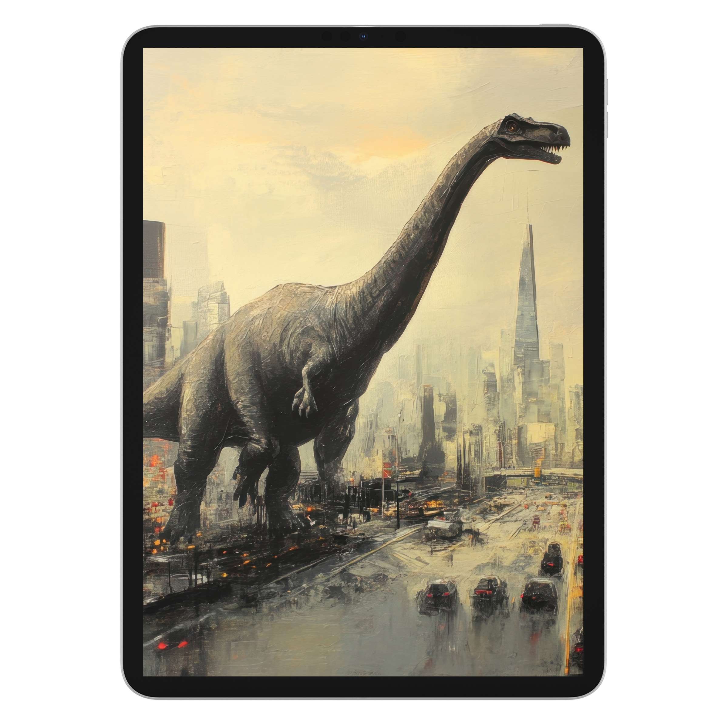 Street art iPad wallpaper featuring a majestic dinosaur in a cityscape for tablet background offers a calming digital download artistry