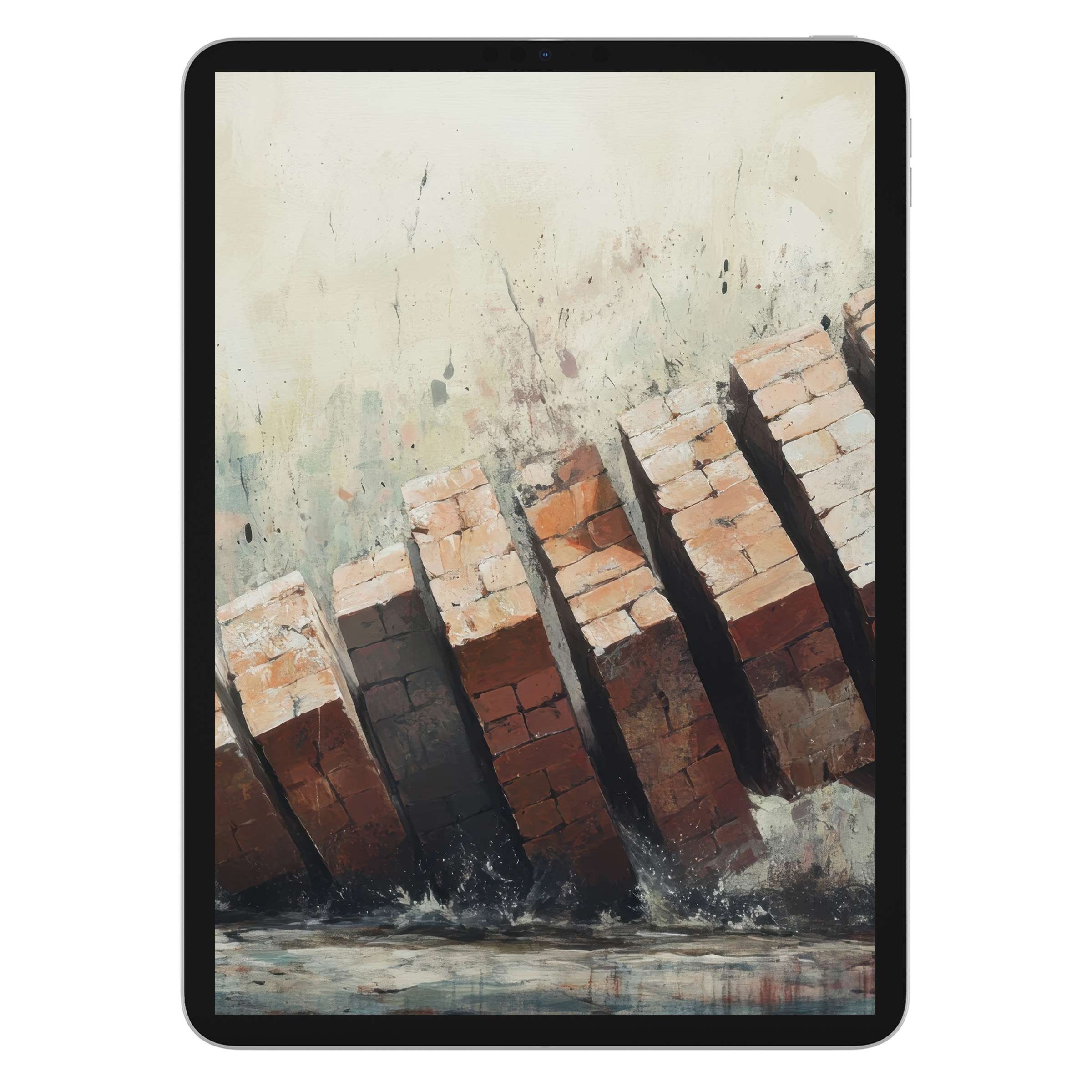Street art iPad wallpaper with leaning bricks in earthy hues and water splash background for digital download on tablets