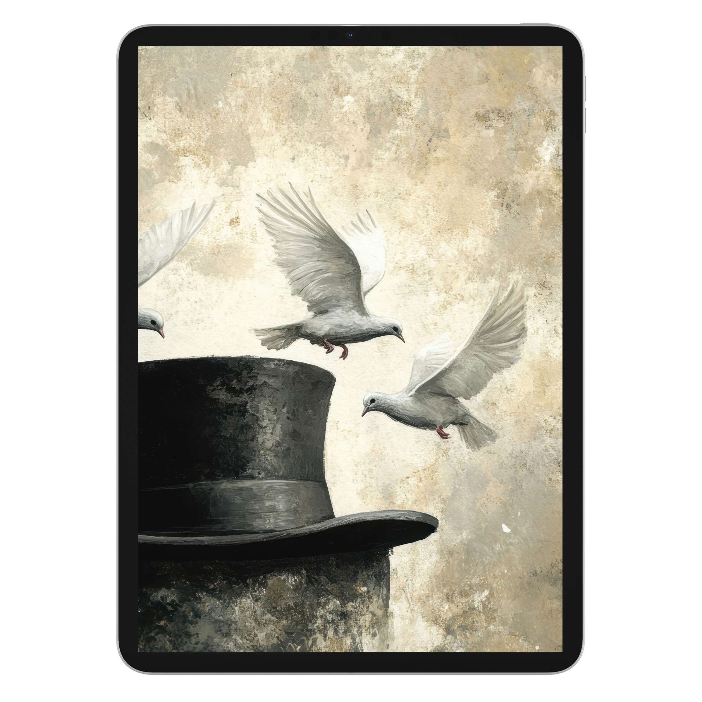 Elegant street art iPad wallpaper featuring doves and a top hat, a serene digital download for tablet background enthusiasts