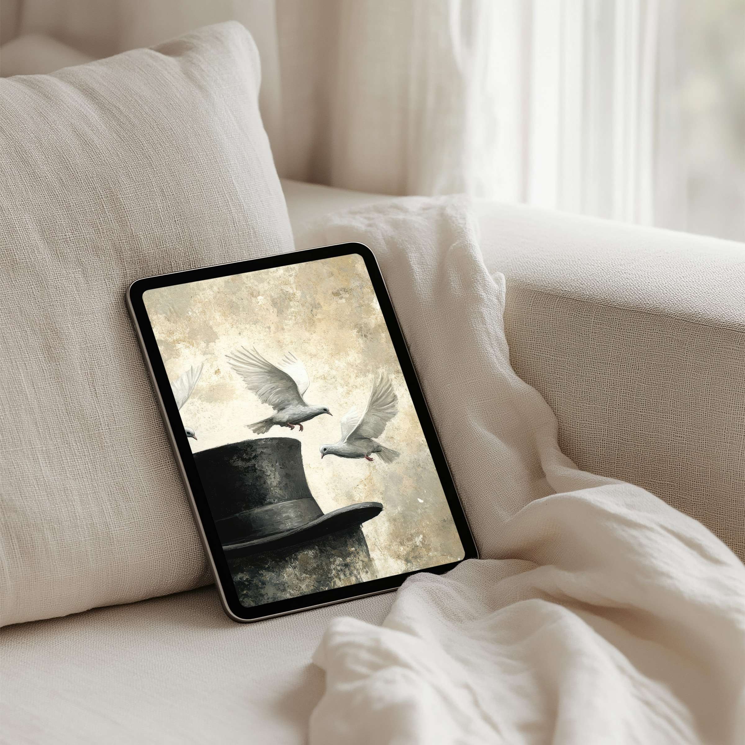 Elegant iPad background with serene doves and vintage textures offers instant download for tablets, inspiring calm and mindfulness