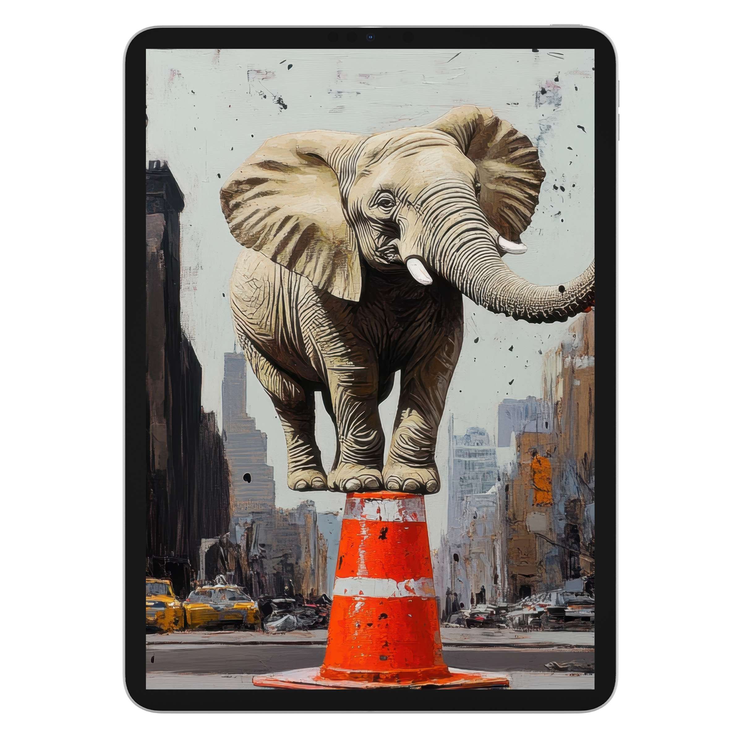 Street art iPad wallpaper depicts an elephant balancing on an orange cone amid urban skyline digital download for tablet background
