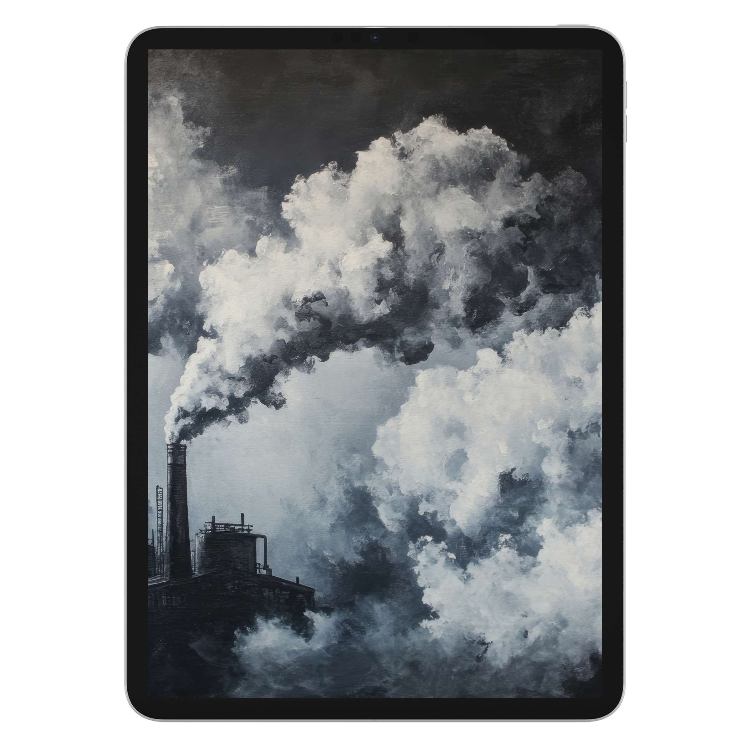 Elegant street art iPad wallpaper with moody clouds evokes calm; ideal digital download for tablet background aesthetics