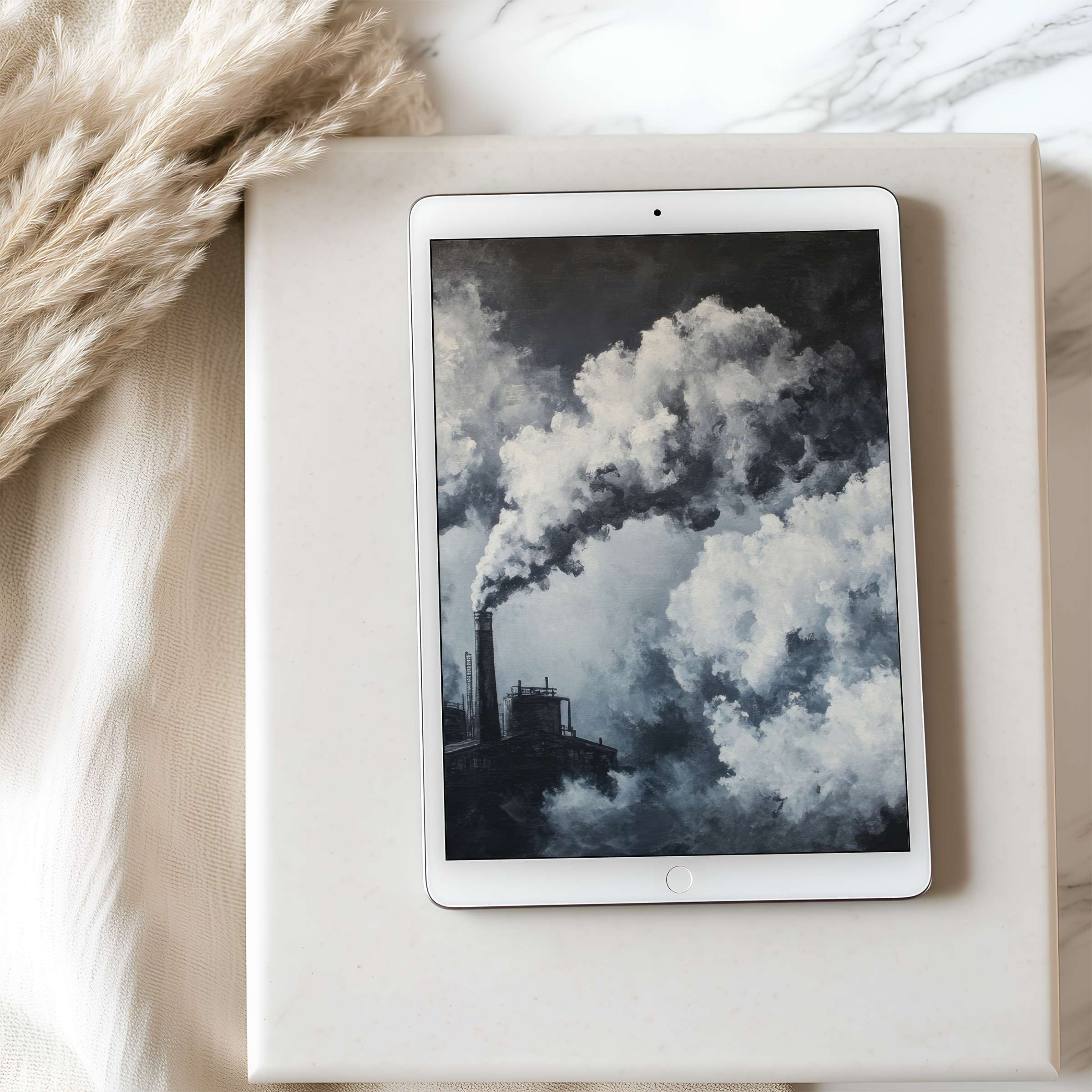 Elegant high resolution tablet wallpaper with ethereal clouds in grayscale, perfect for iPad and Android digital download lovers