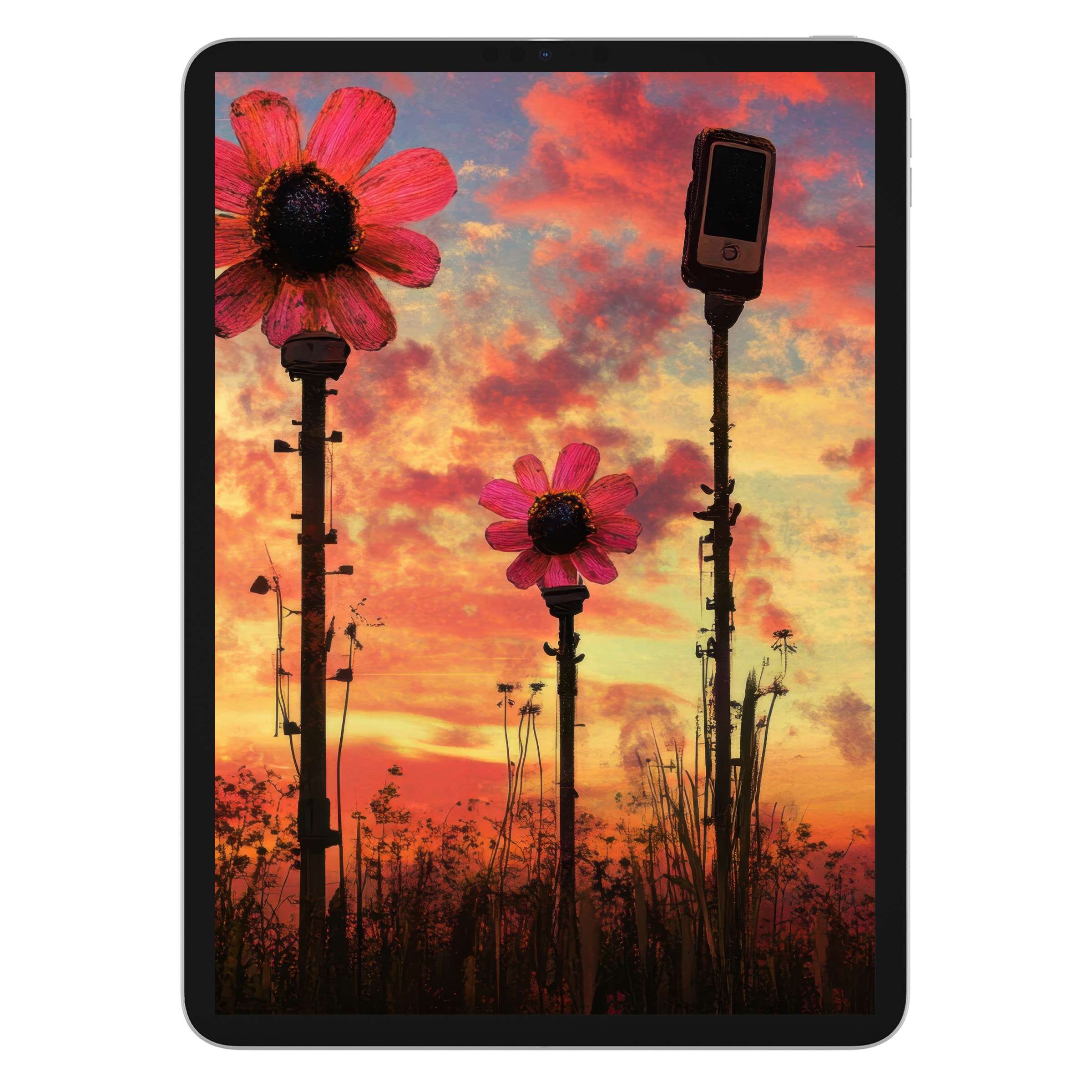Street art iPad wallpaper with vivid flowers against a sunset sky is a digital download background for any tablet device