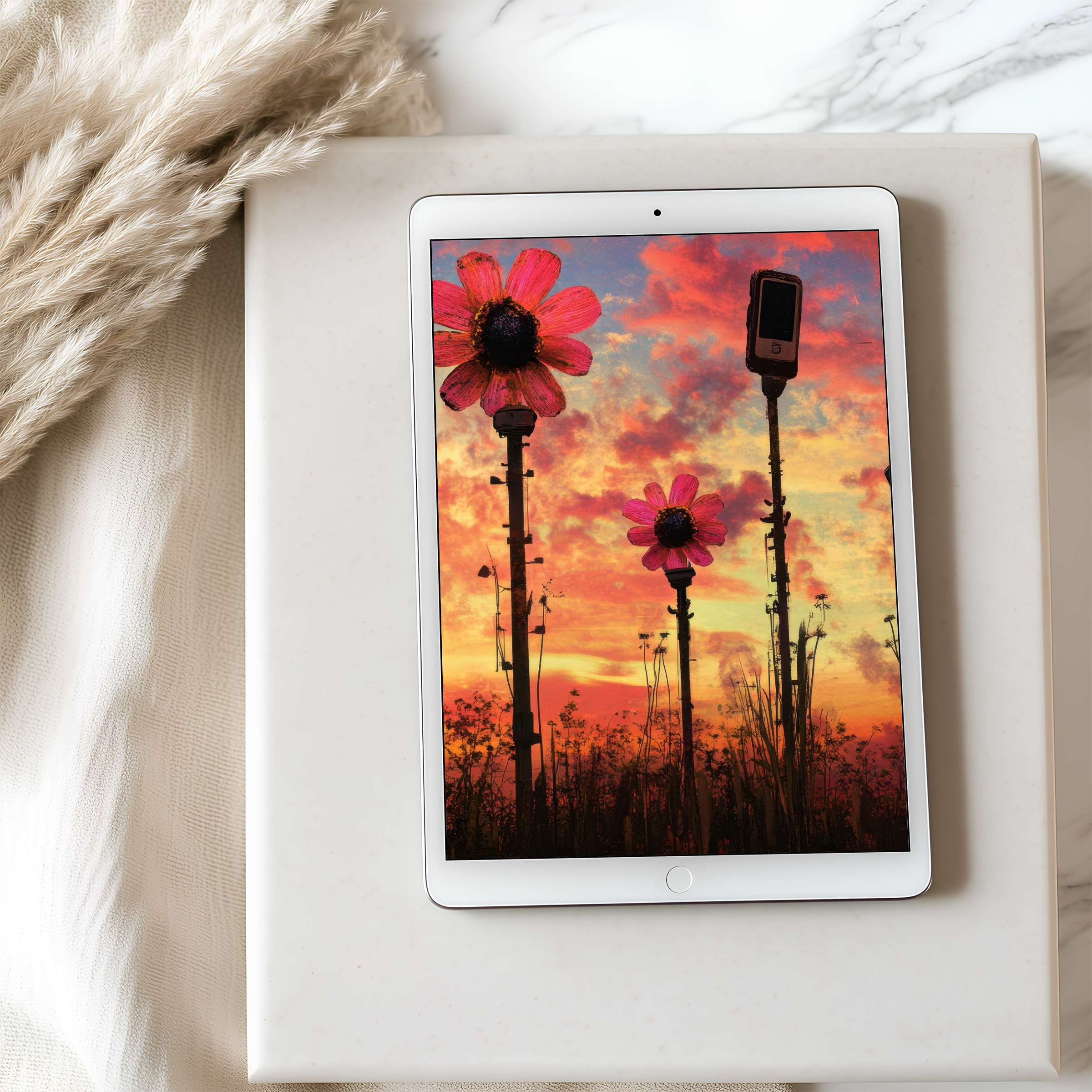 Elegant tablet wallpaper with vibrant sunset flowers, ideal for iPad download, enhancing calm and aesthetics in curated digital spaces