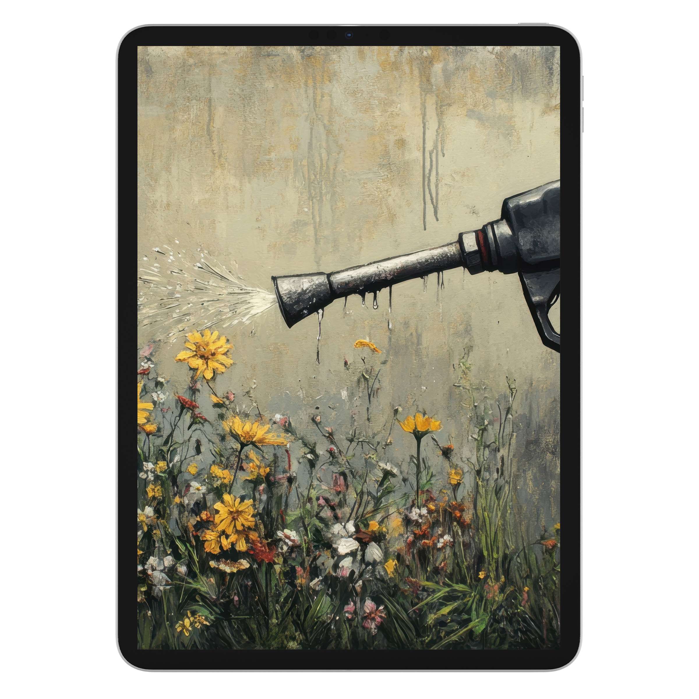 Street art iPad wallpaper with vibrant floral spray blends elegance and nature, perfect digital download for tablet background lovers