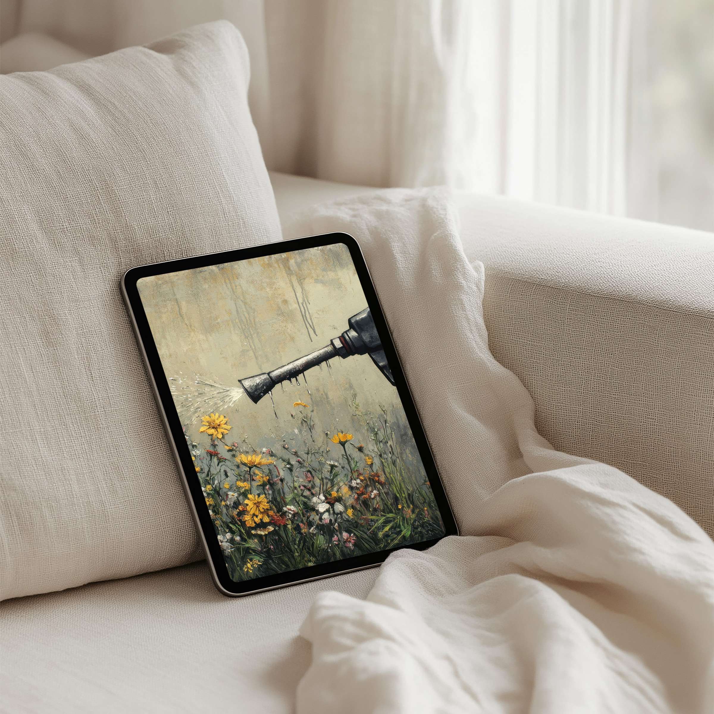Watering can painting creates a serene iPad background perfect for a tablet instant download inspiring calm and elegance