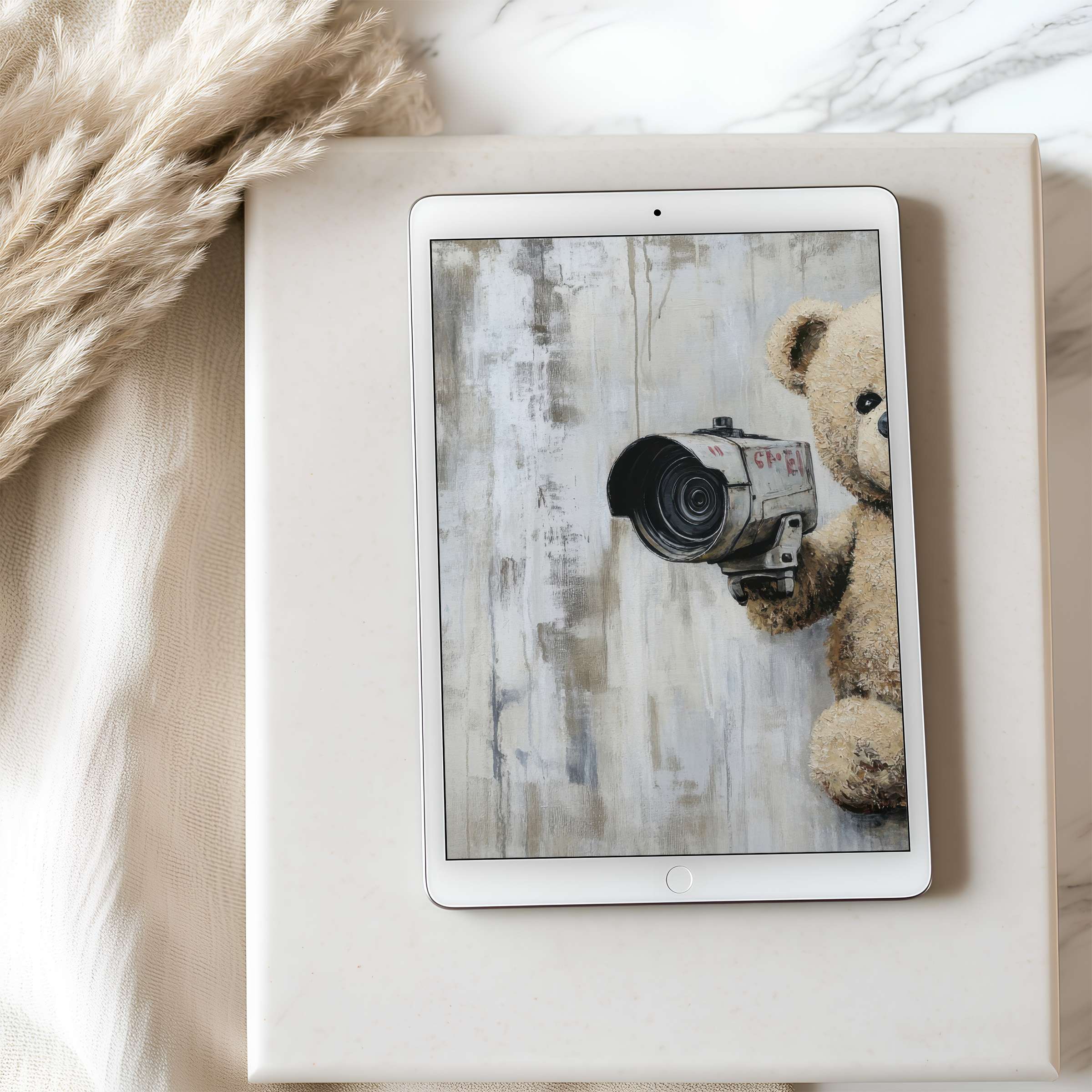 Elegant tablet wallpaper featuring a teddy bear with a camera on textured background ideal for iPad digital download enhancing calm spaces