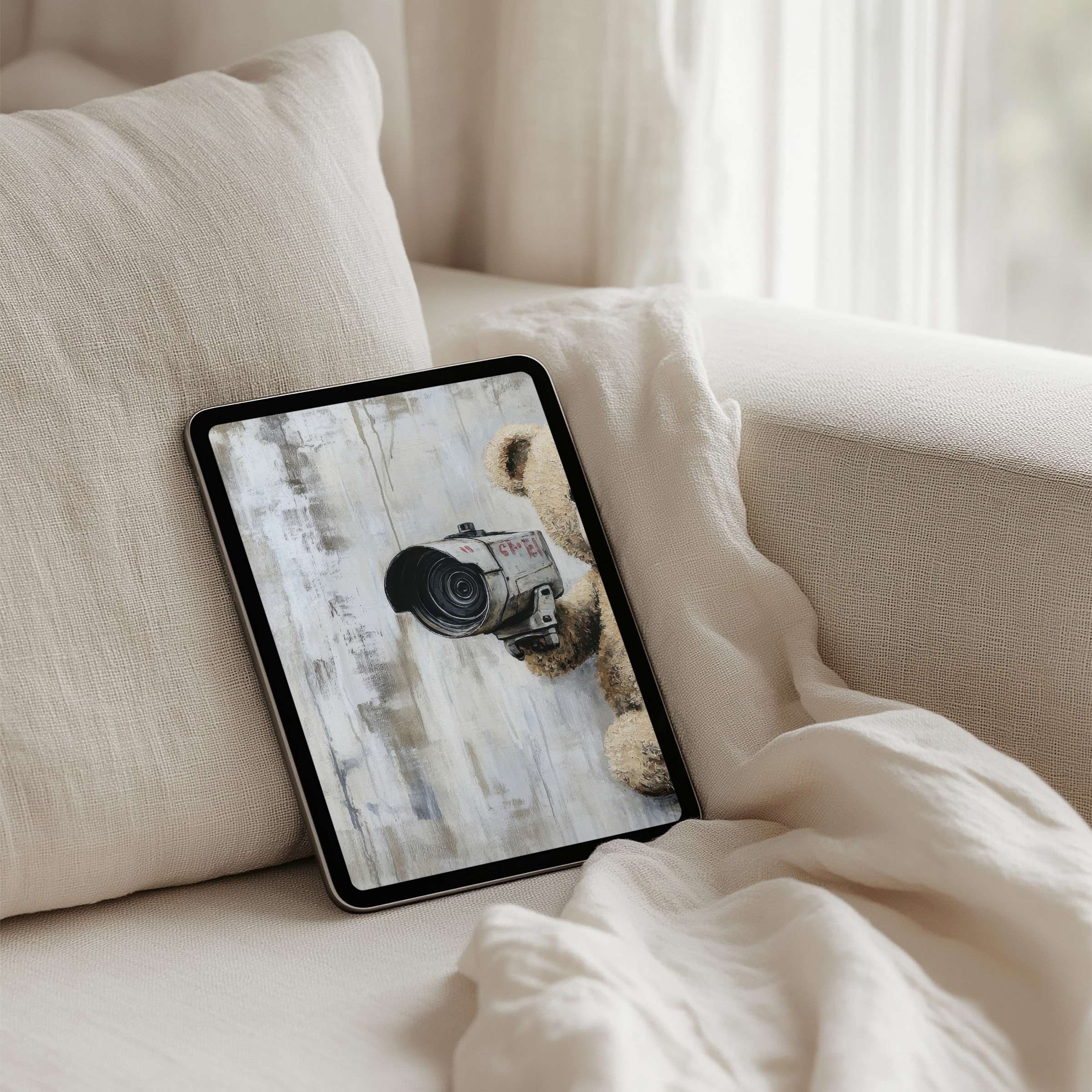 Cozy iPad background with artistic camera design evokes calm and inspiration for tablets Instant download for modern elegance