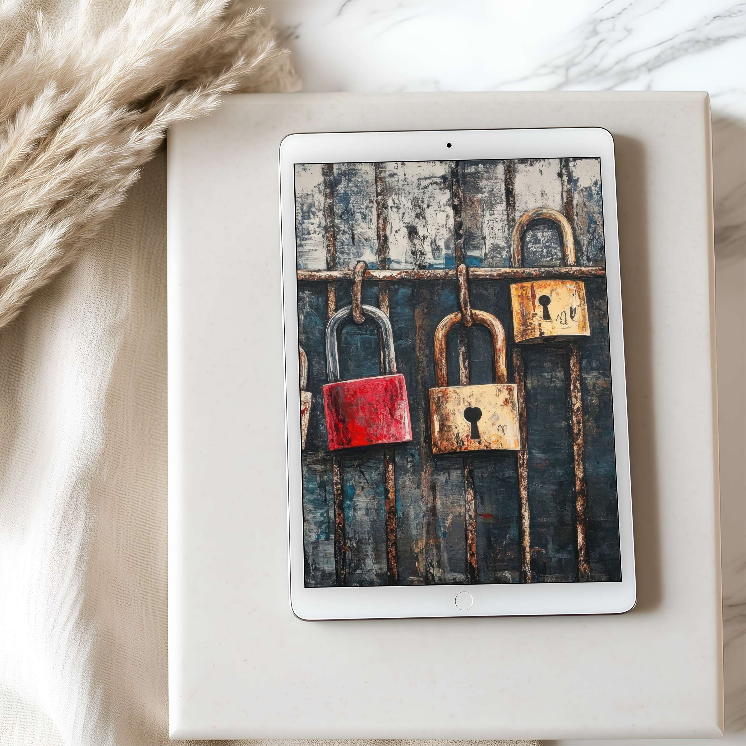 Curated tablet wallpaper featuring rustic padlocks in vibrant hues on weathered wood suitable for iPad and Android digital download