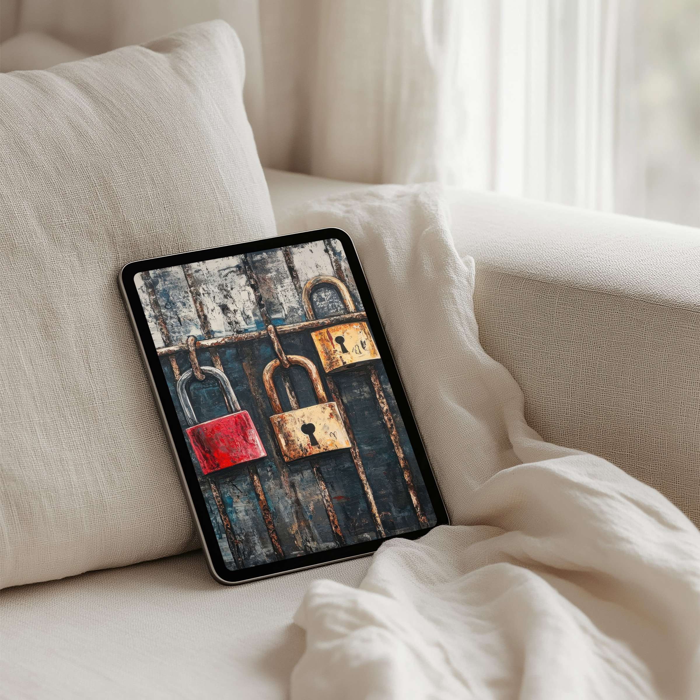 Rustic padlocks on a textured door create an inspiring iPad background available for instant download to personalize any tablet